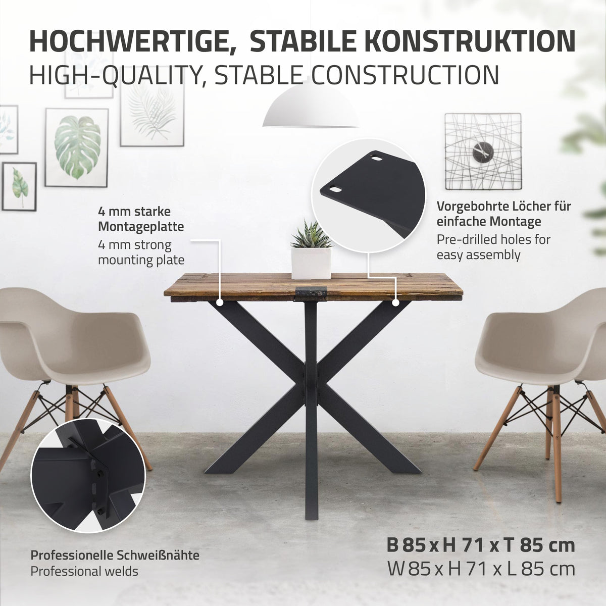 Tisch mit stabiler Konstruktion und vorgebohrten Löchern für die Montage.