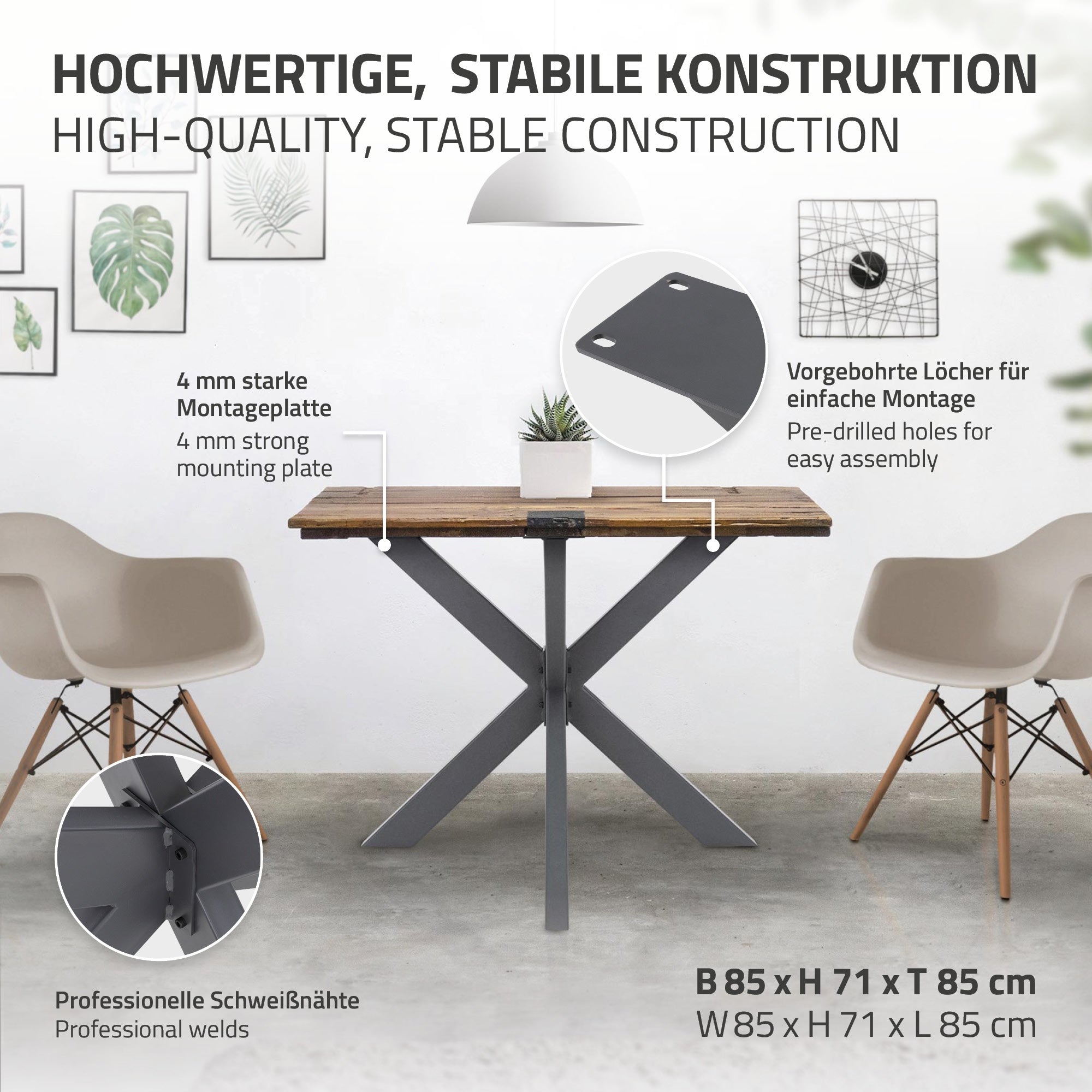 Ein Tisch mit stabiler Konstruktion und Montageplatte, umgeben von zwei Stühlen.