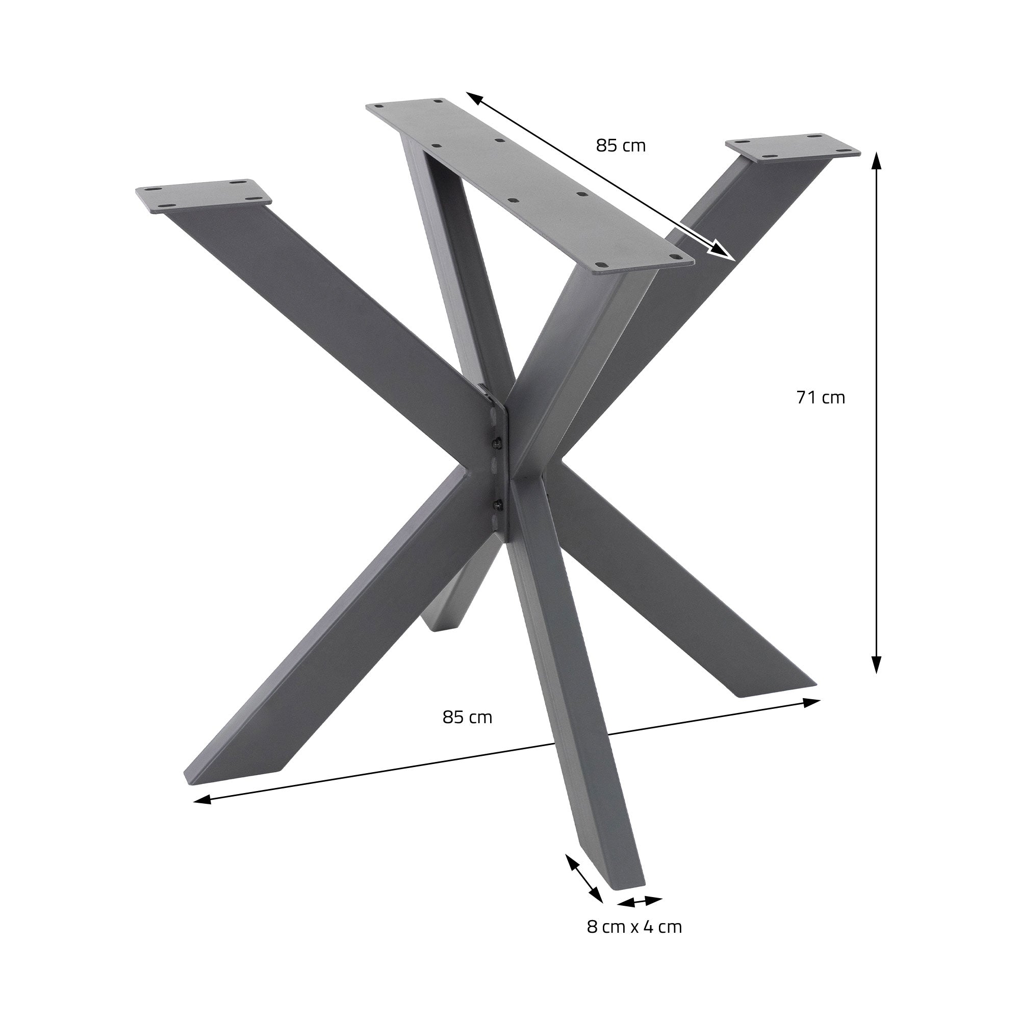 Ein Tischgestell mit X-förmigen Beinen, Maße: 85 cm x 85 cm x 71 cm.