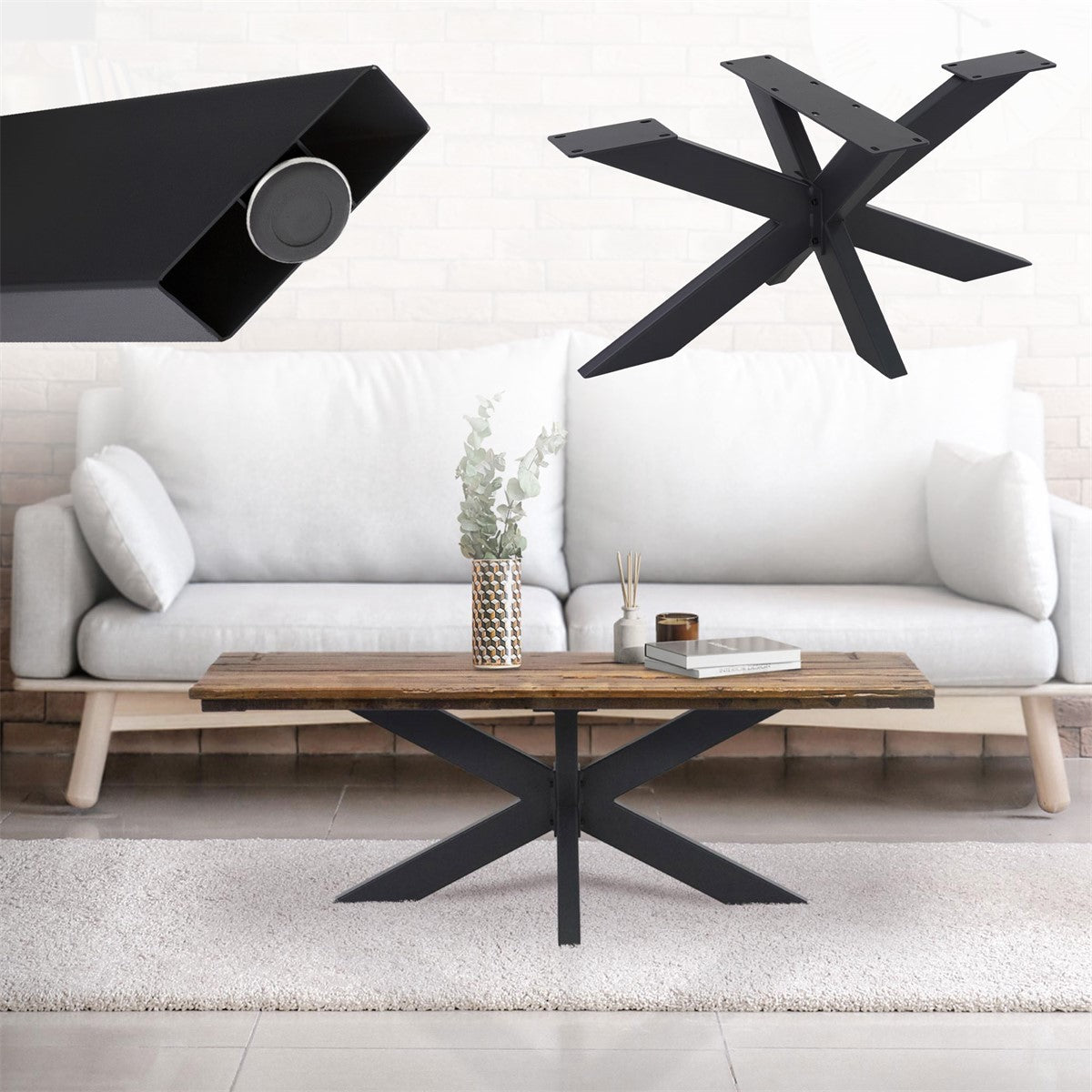 Table with X-shaped legs, a wooden top and a decorative vase on the table.