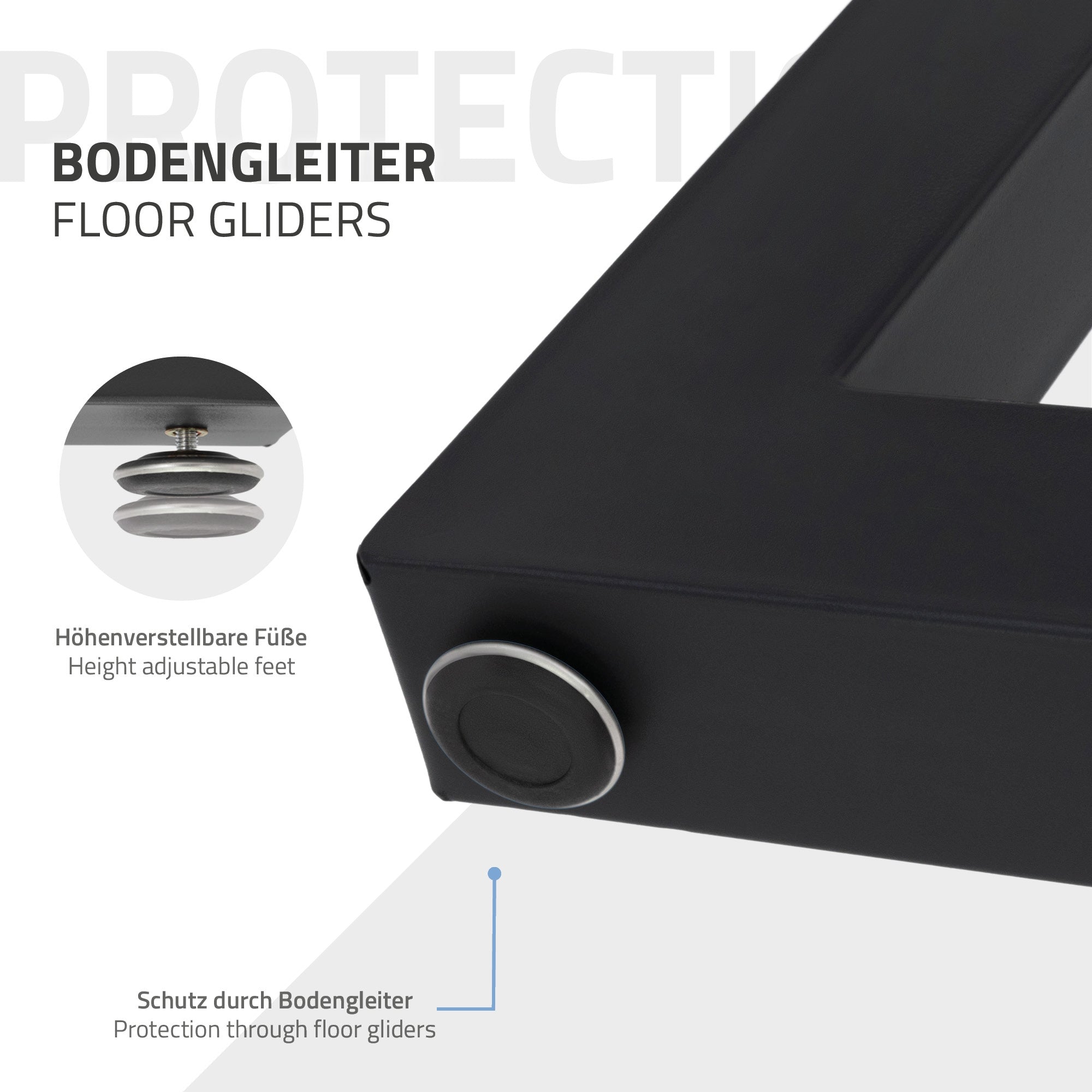 Detailaufnahme eines Tischbeins mit höhenverstellbaren Füßen und einem Schutz durch Bodengleiter.
