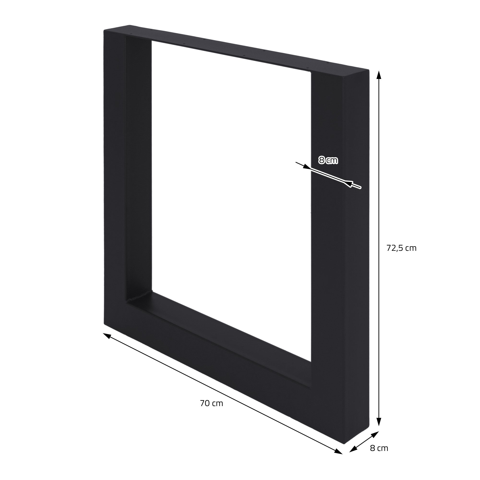 Schwarzer Rahmen mit Abmessungen 70 cm x 72,5 cm und 8 cm Tiefe.