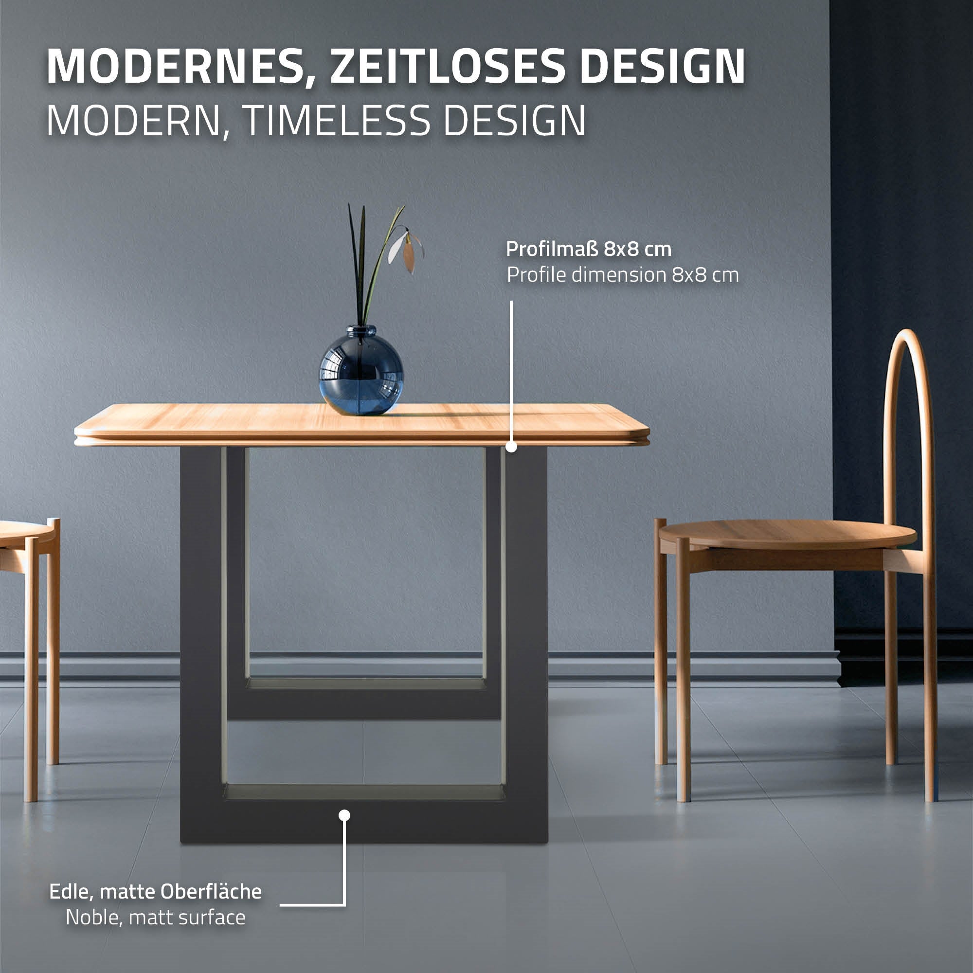 Ein Tisch mit einer matten Oberfläche und einer modernen, zeitlosen Design. Eine Vase steht darauf