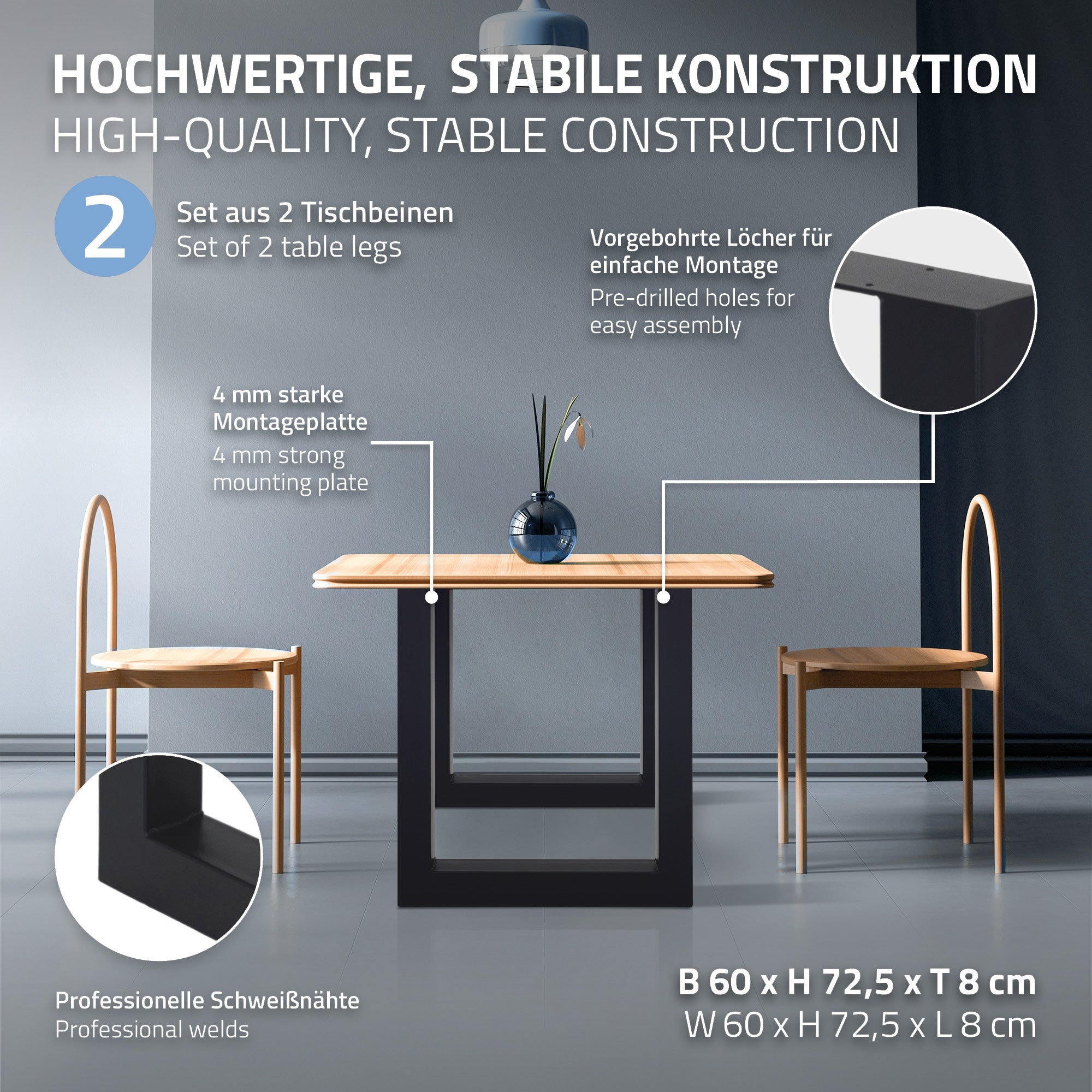 A table with a wooden top and two chairs, focusing on the table legs.