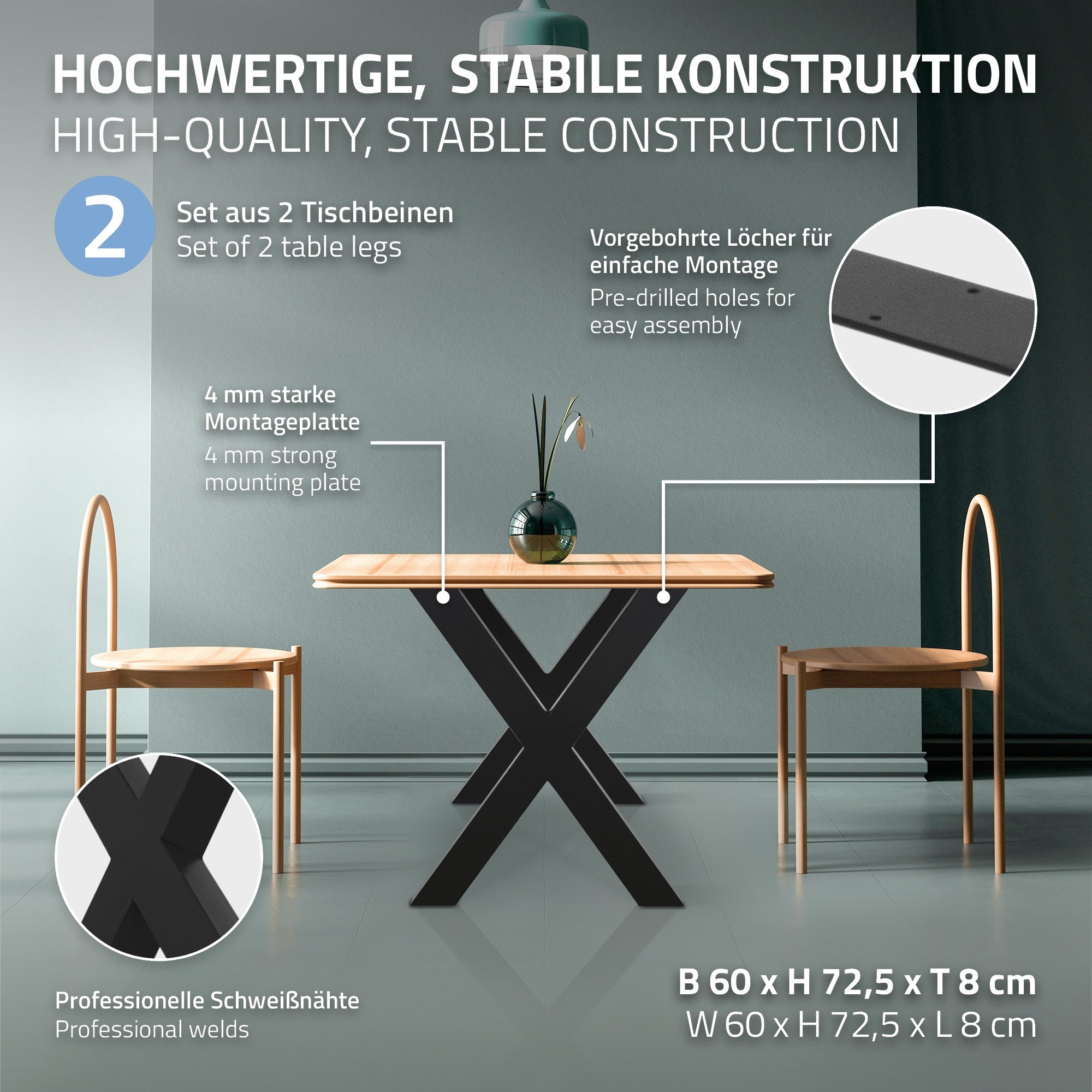 Grafik zu stabilen Tischkonstruktionen mit Montagehinweisen.