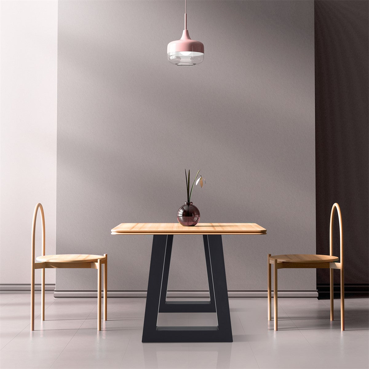 A modern dining area with a table and two chairs.