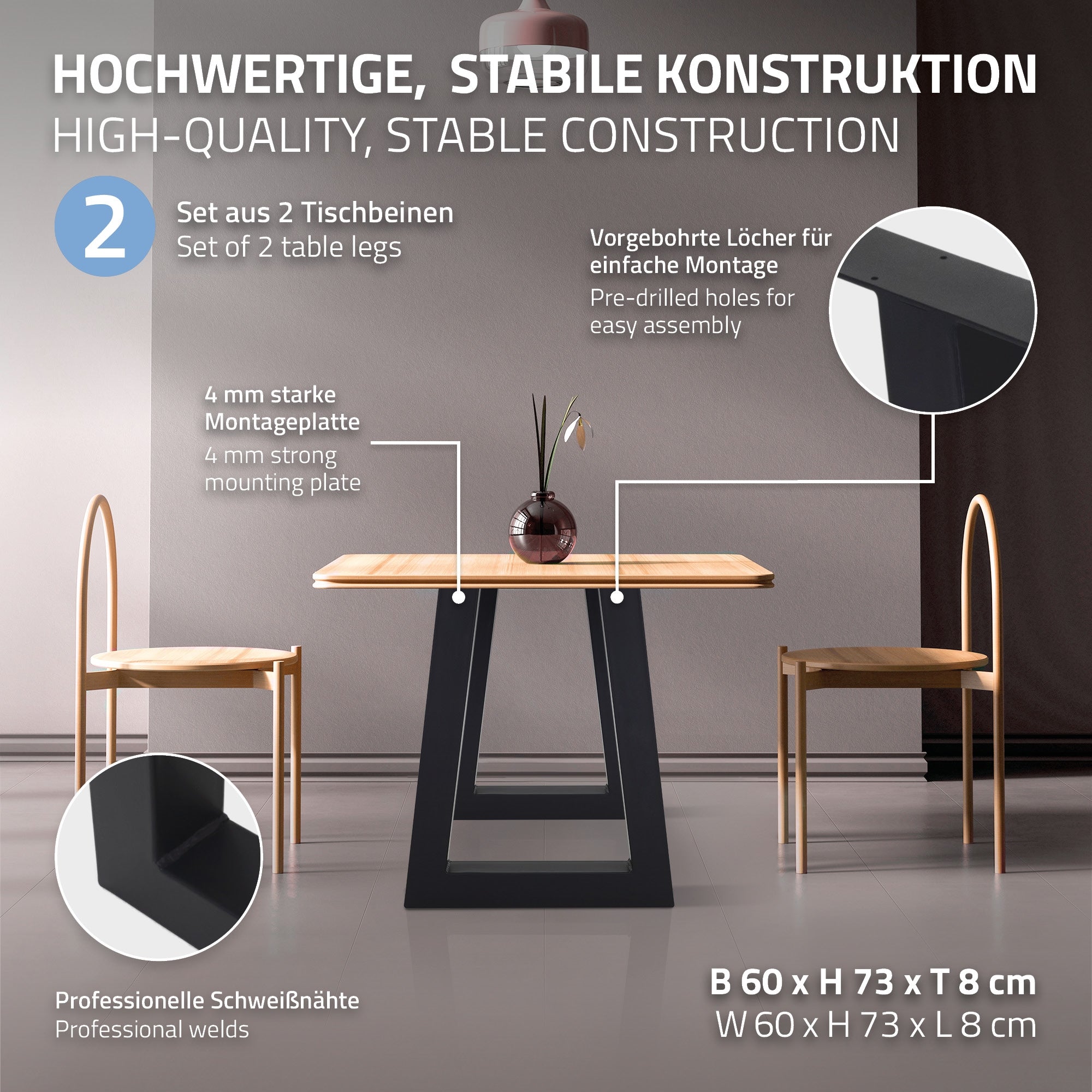 Zwei Stühle und ein Tisch mit stabiler Konstruktion in einem modernen Raum.
