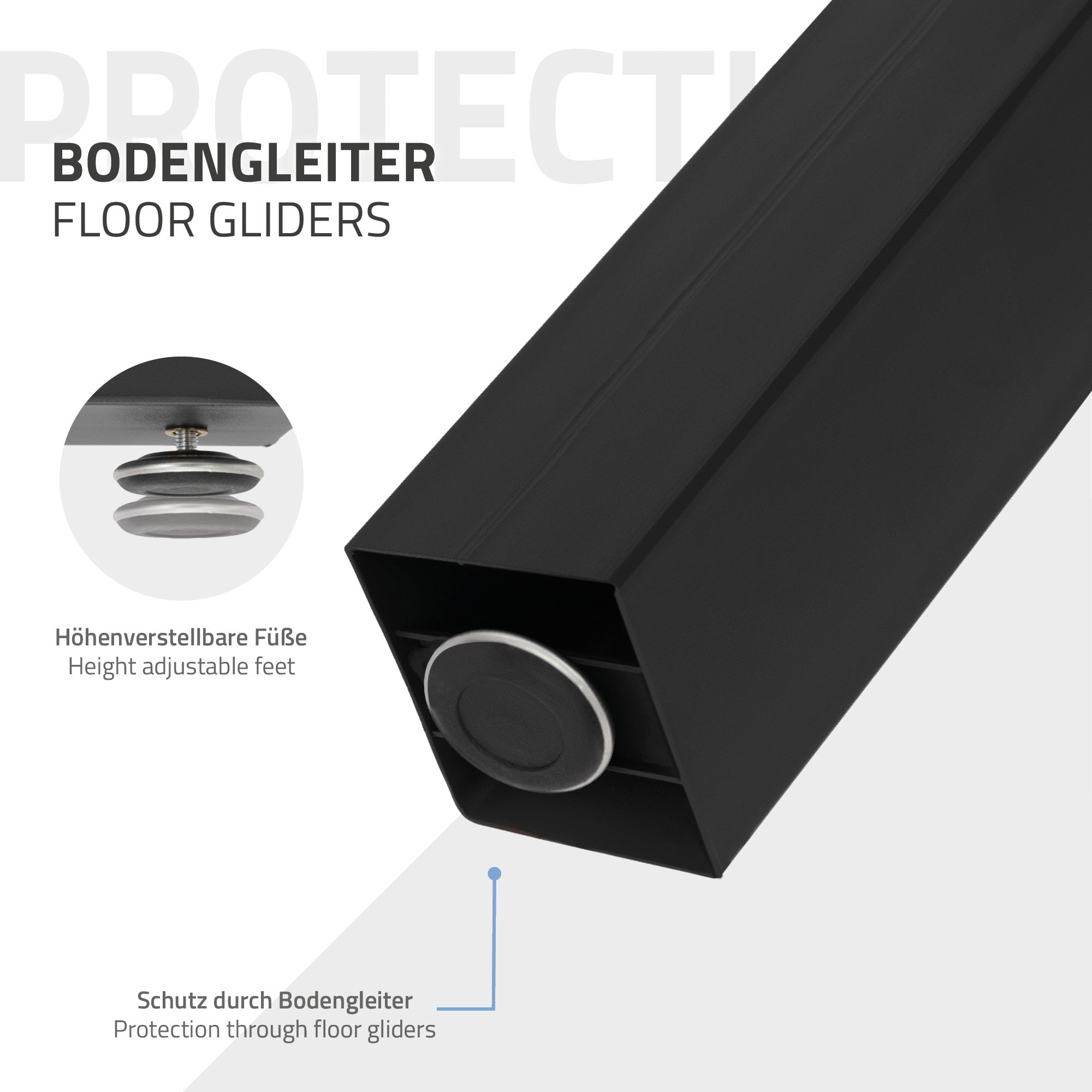 Schwarzes Möbelteil mit höhenverstellbaren Füßen und Bodengleitern.
