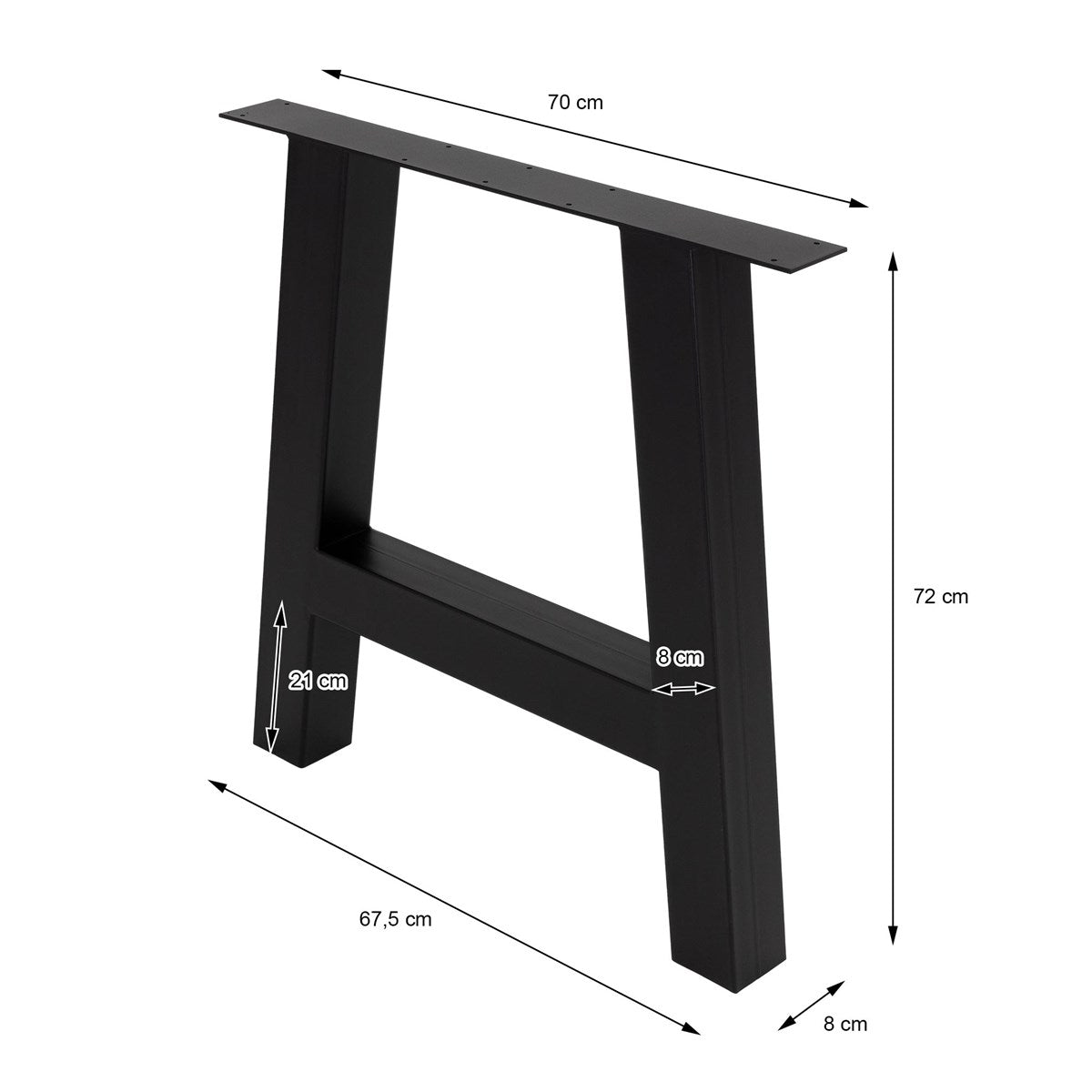 Black metal structure with dimensions, showing an A-shape.