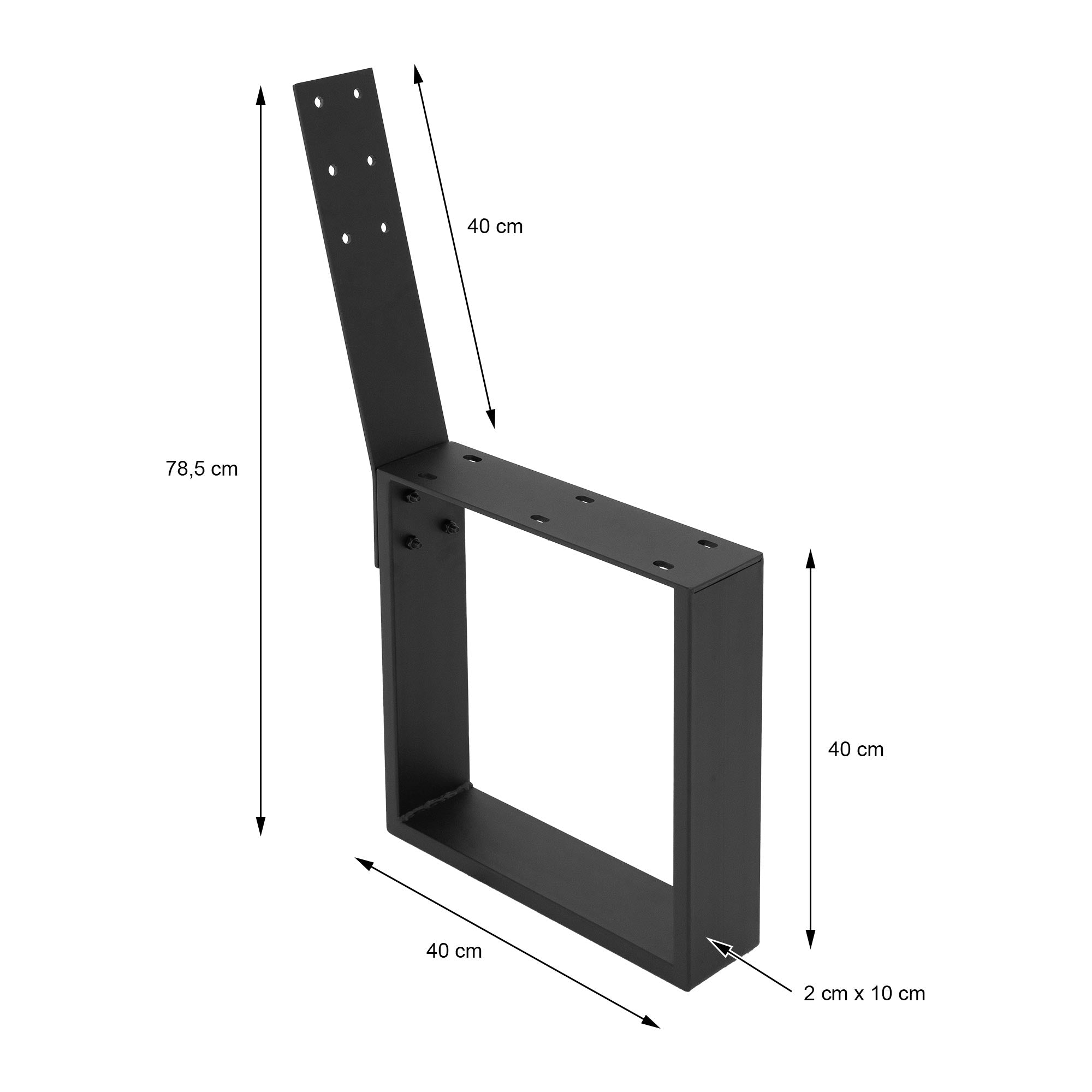 Černý kovový rám s rozměry a vrtanými otvory.
