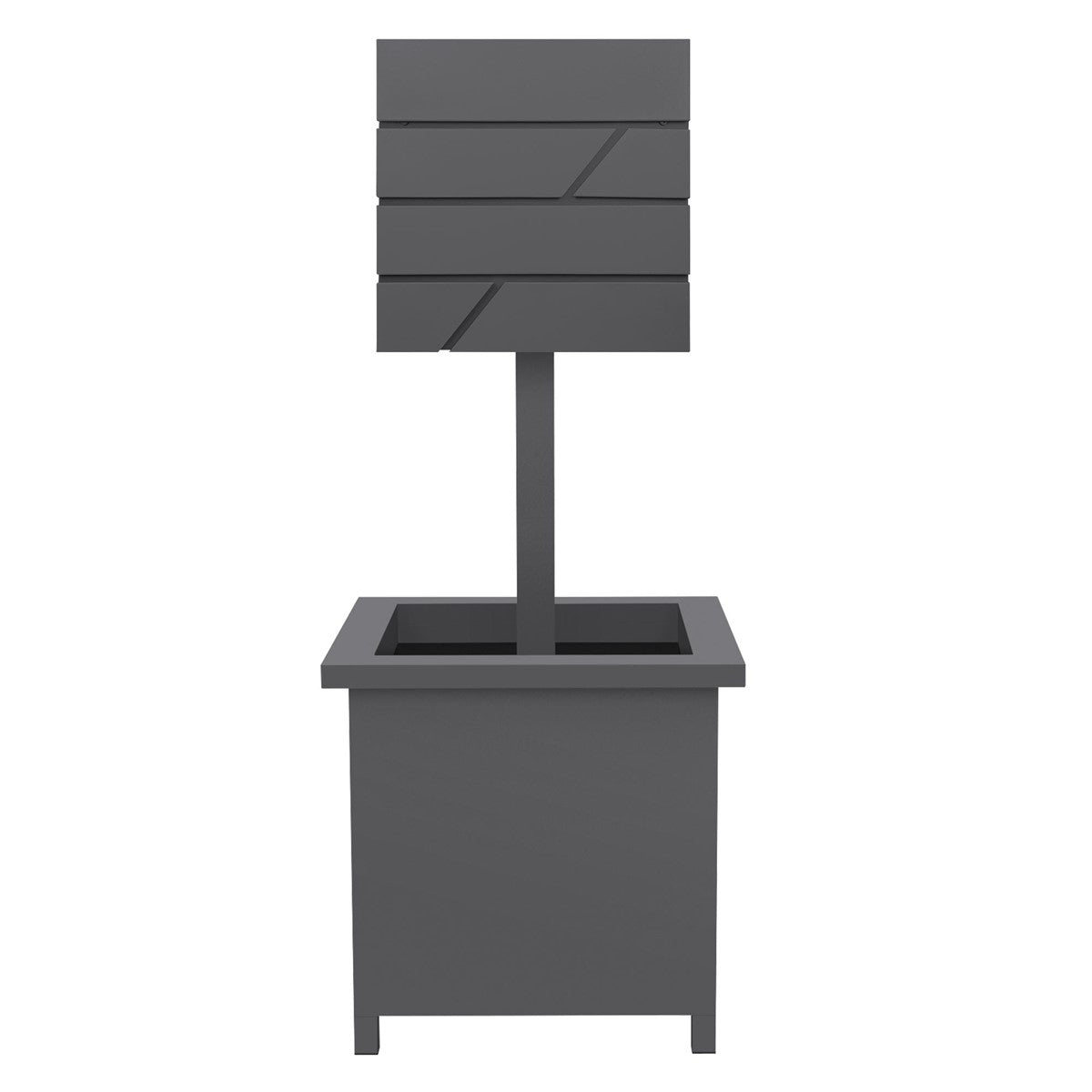 Gray rectangular board on a square planter.