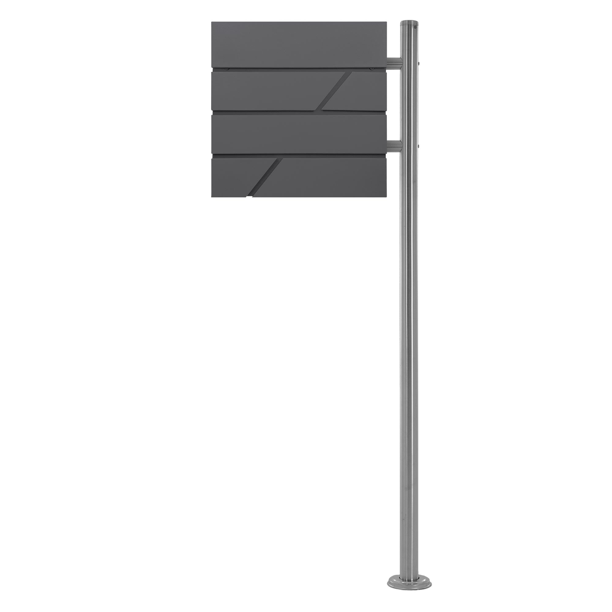 Graues Schild mit vier horizontalen Platten an einem Metallpfosten.