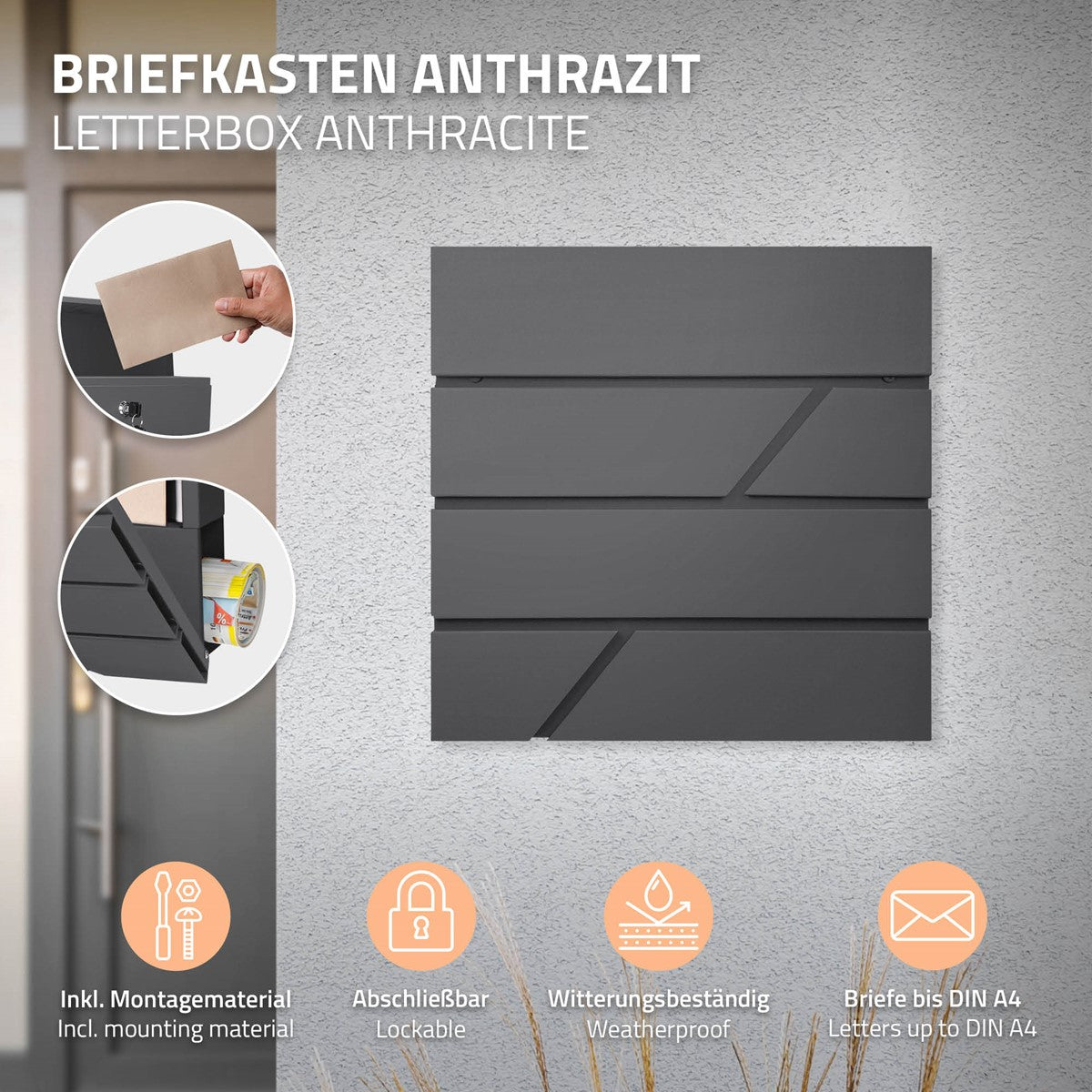 Briefkasten in Anthrazit an einer Wand montiert, mit Brief und Symbolen.