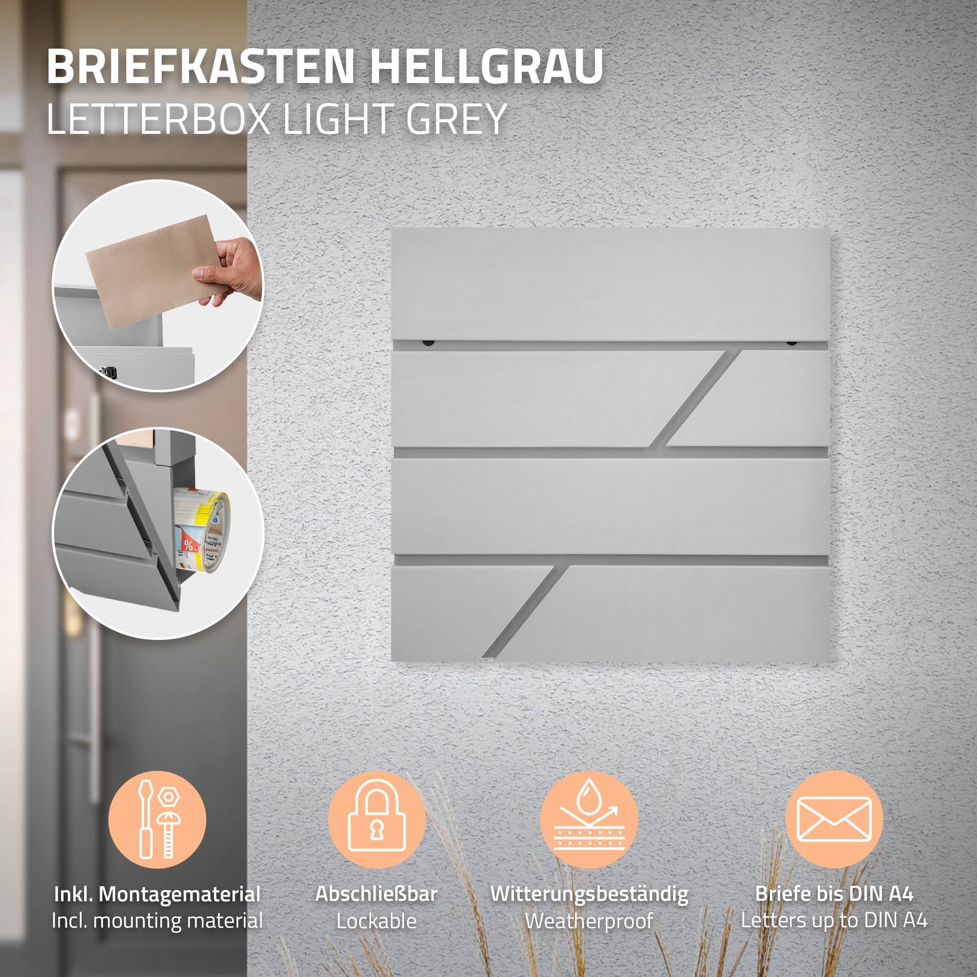 Hellgrauer Briefkasten mit Montageanleitung und Informationen zu Eigenschaften.