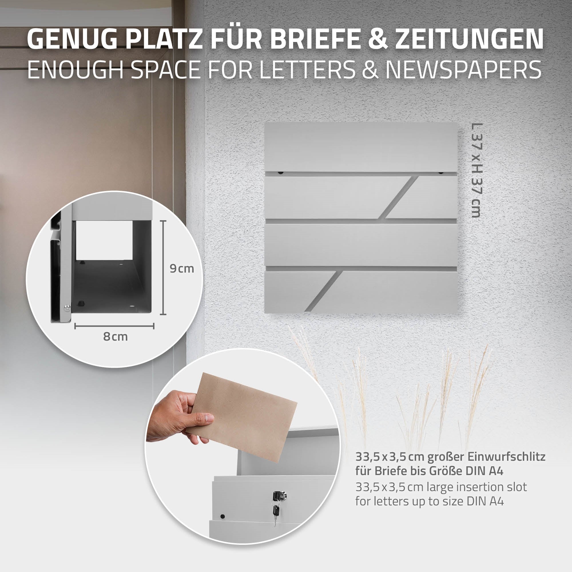 Briefkasten mit Einwurfschlitz für Briefe und Zeitungen, Maße 33,5 x 3,5 cm.