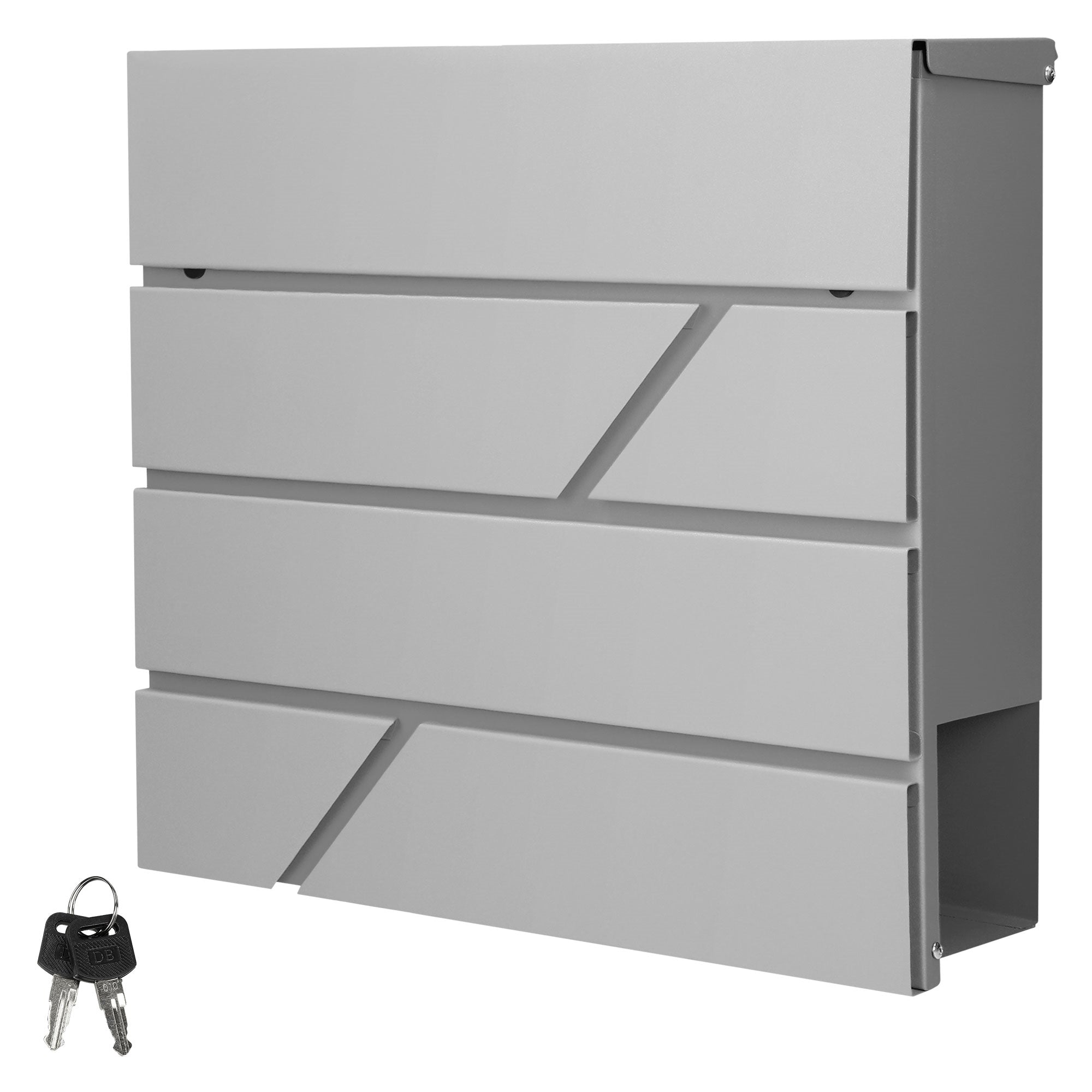 Graue Briefkastenbox mit Schlüsseln, vier Fächer und modernes Design.