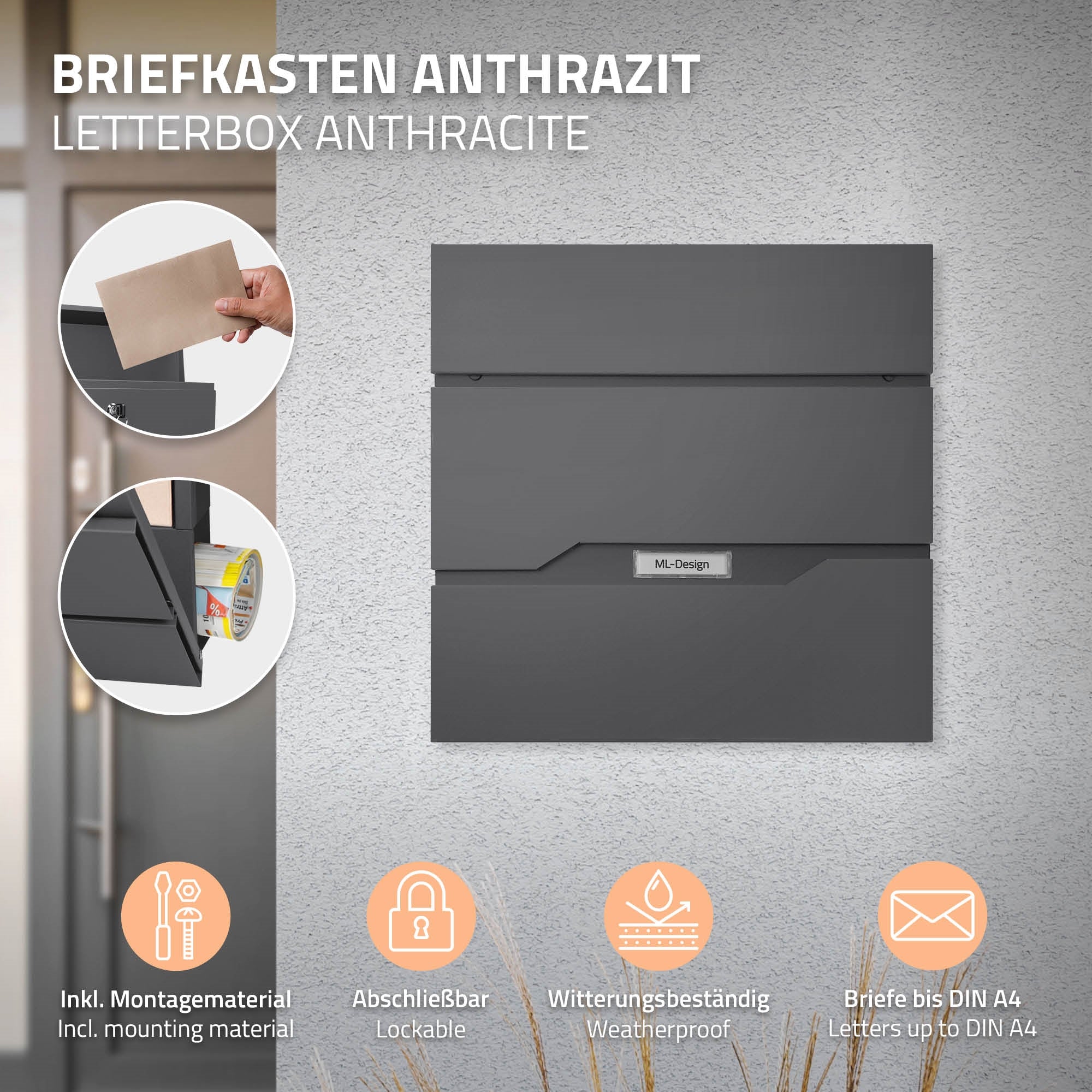 Anthrazitfarbener Briefkasten mit Einwurf und wetterfestem Design.