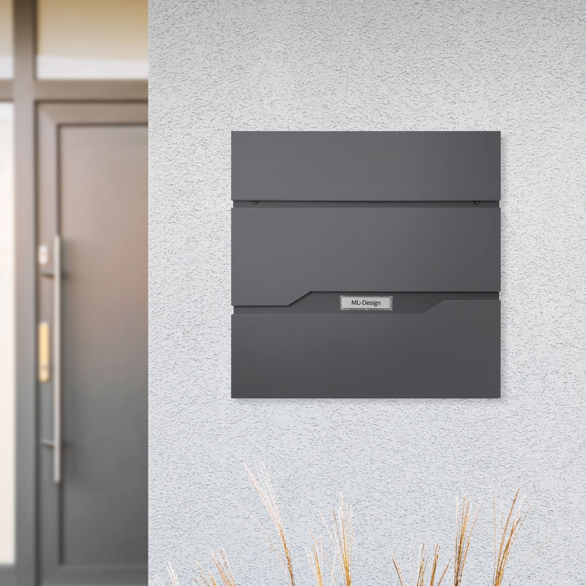 Briefkasten an einer Wand, neben einer Tür, mit dekorativen Gräsern.
