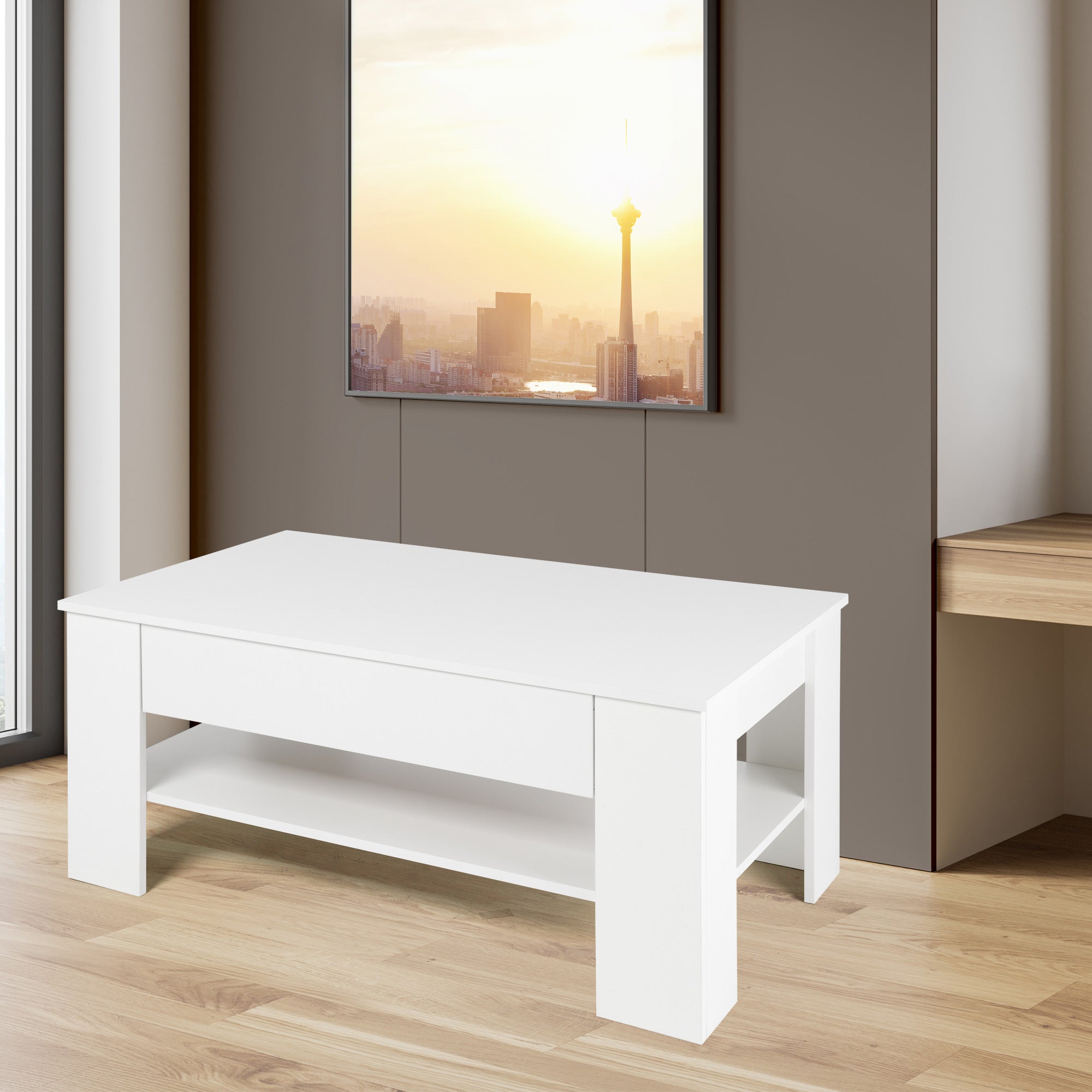 White coffee table with a top surface and an open compartment.