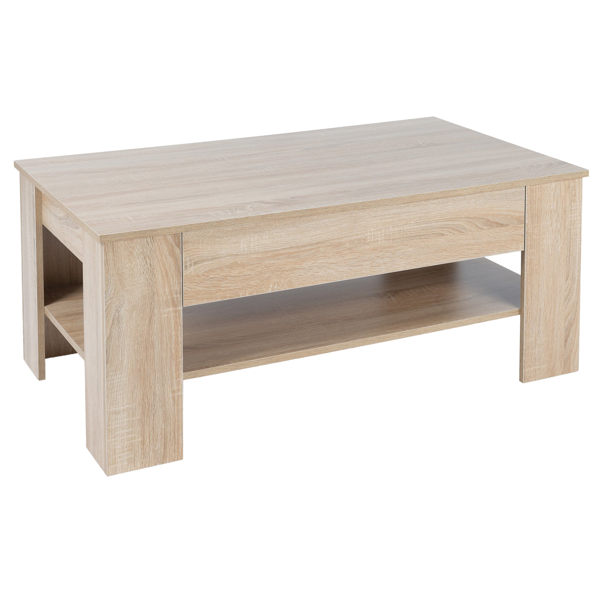 Holztisch mit einer Ablage und einer Schublade, in hellem Holzton.