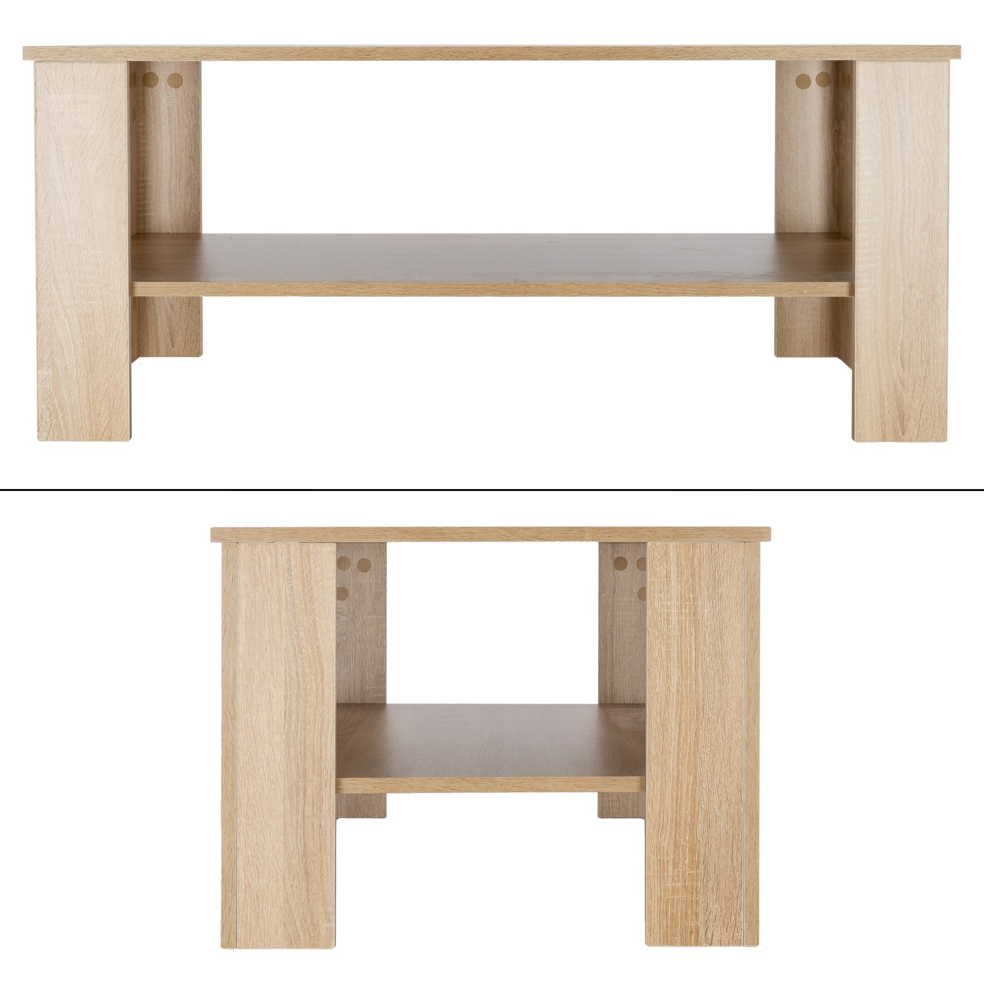 Holztisch mit zwei Ablageflächen, rechteckig und quadratisch.