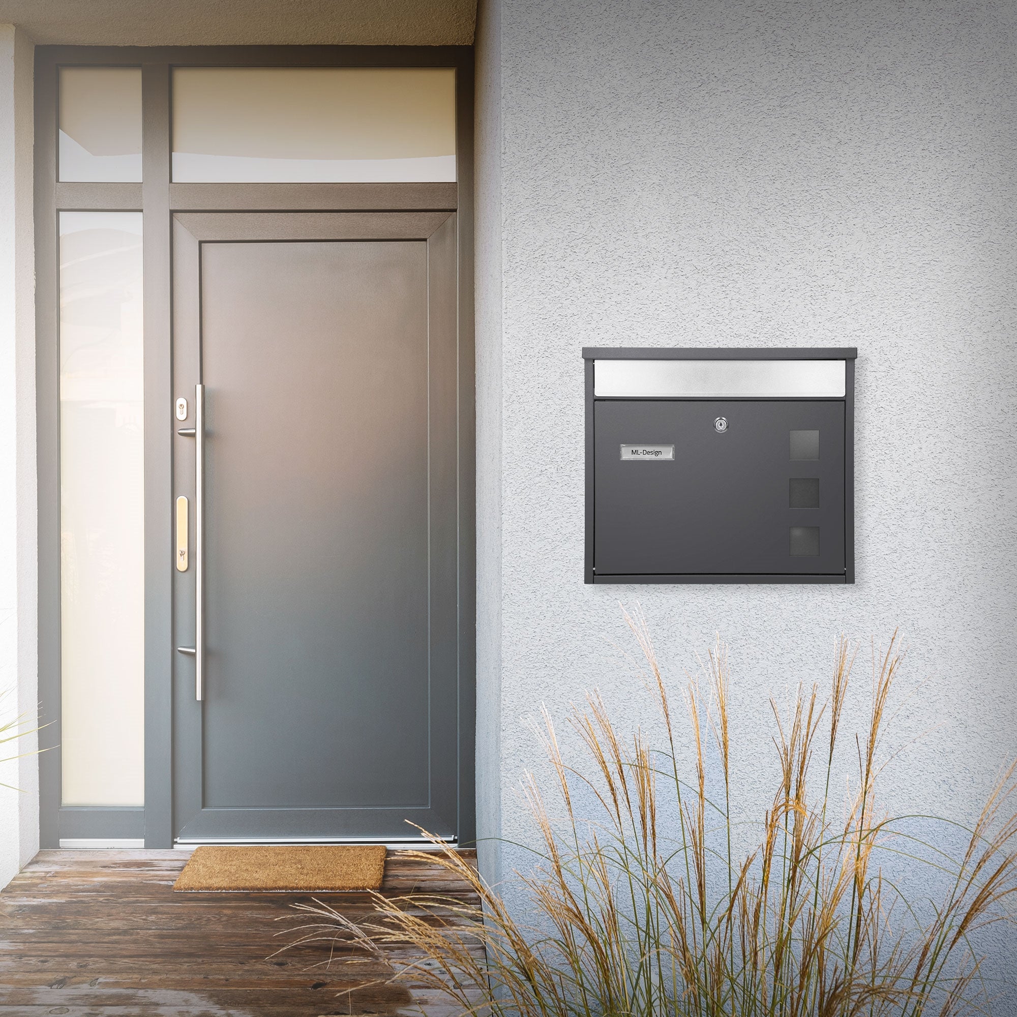 Entrance door with mailbox, doormat, and plants in the foreground.