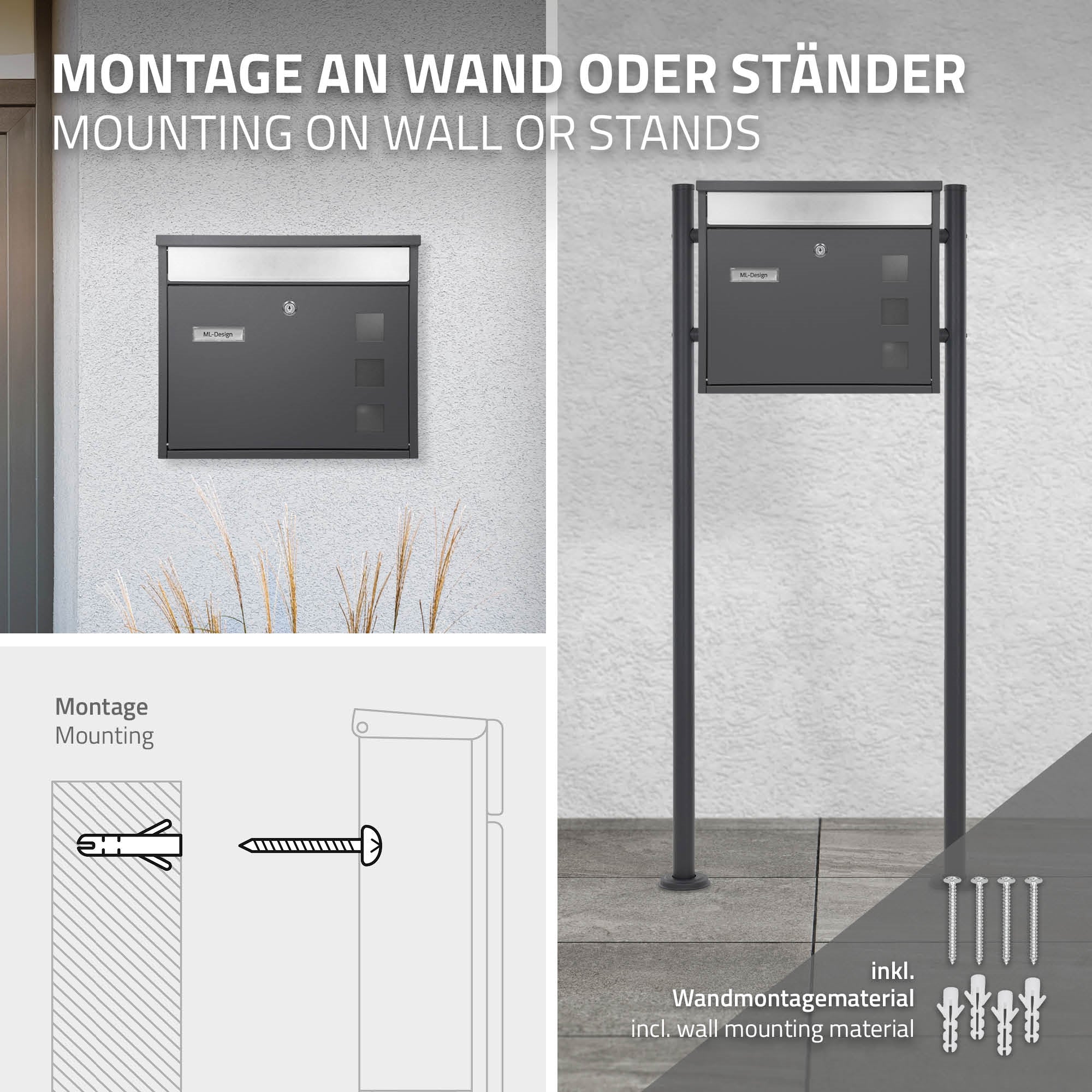 Assembly instructions for mailbox on wall or stand.