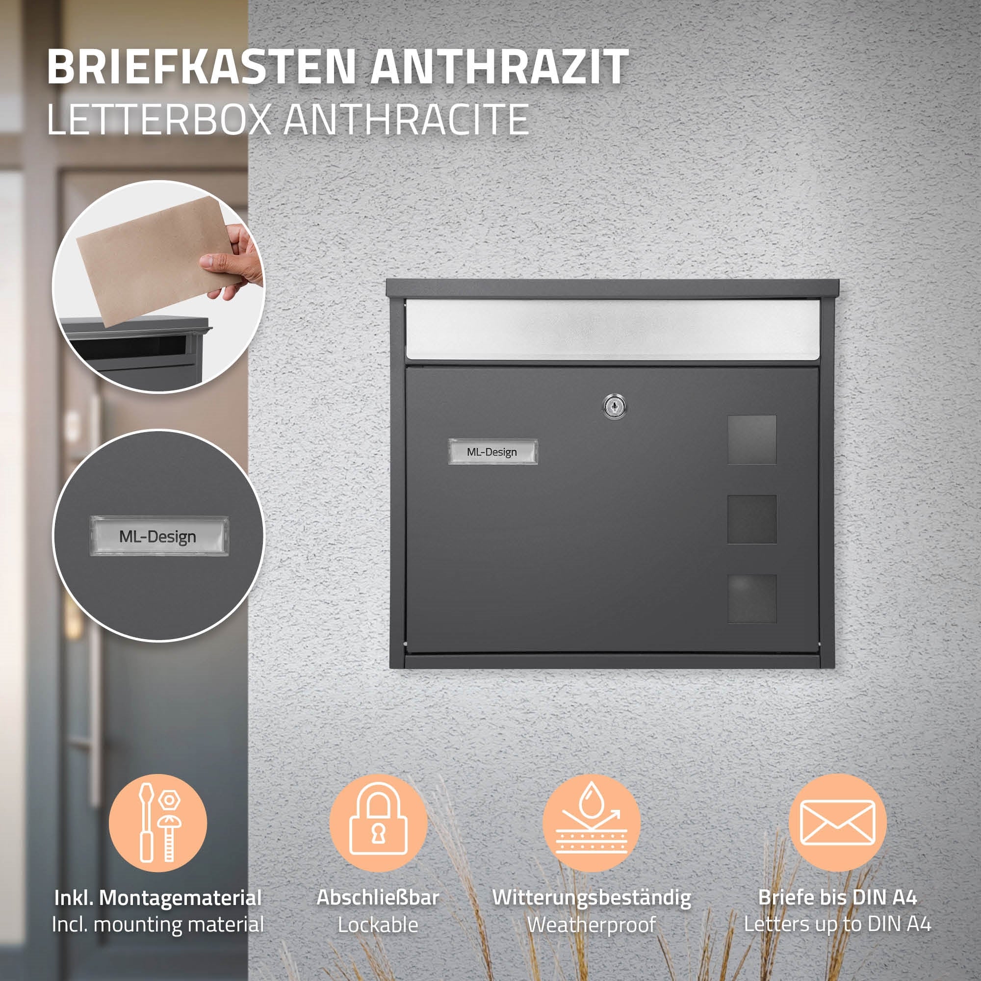 Ein anthrazitfarbener Briefkasten mit Montageanleitung und Symbolen.