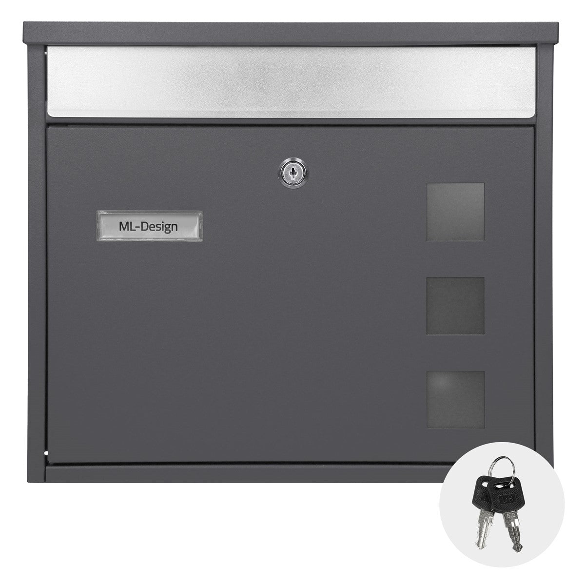 A grey mailbox with a key and nameplate.