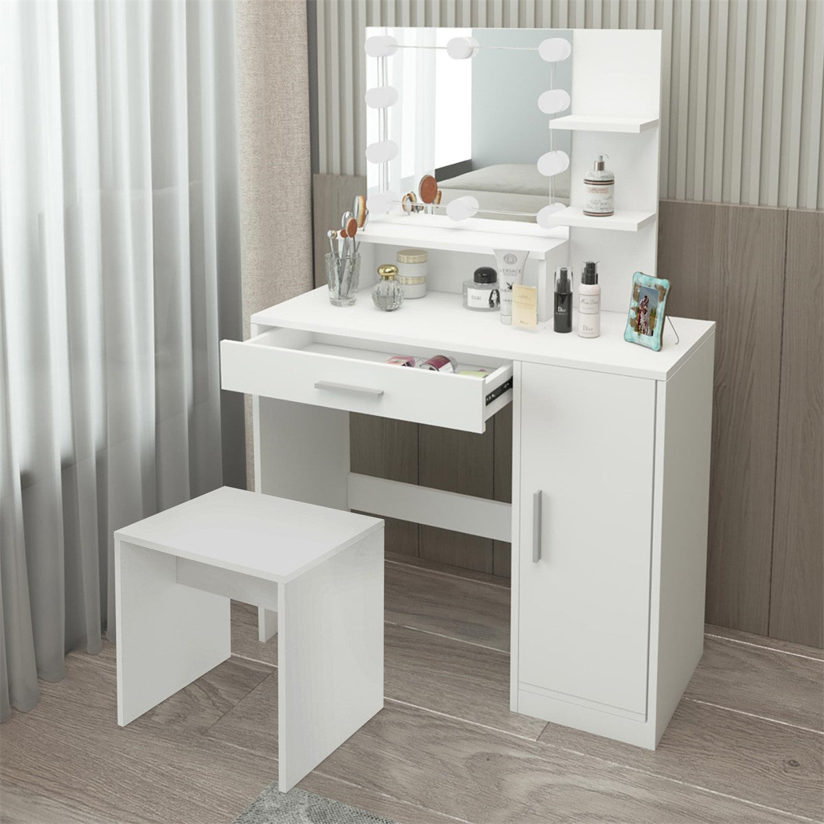 A white vanity table with a mirror, cosmetics and a stool.