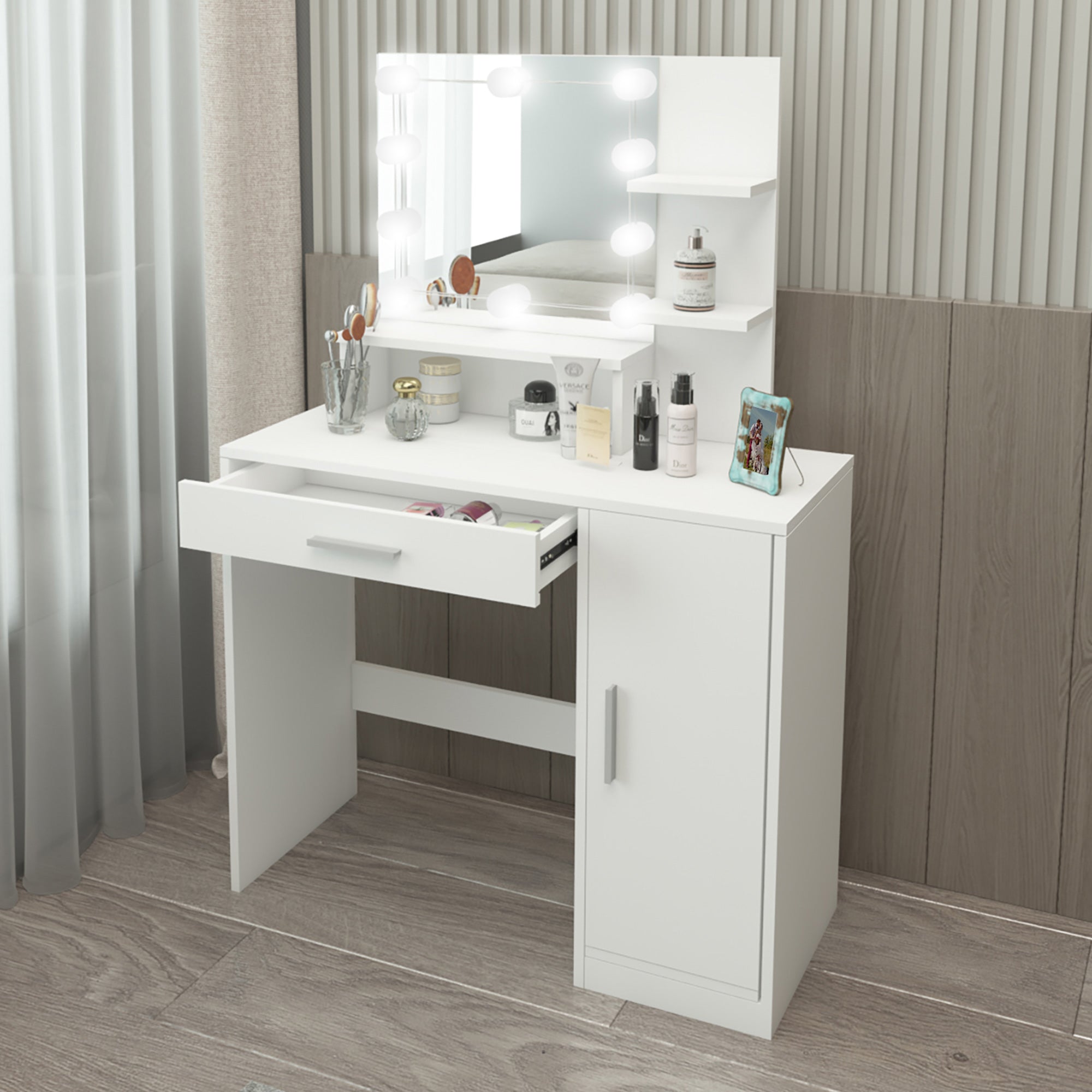 A vanity table with a mirror, cosmetics, and an open compartment.
