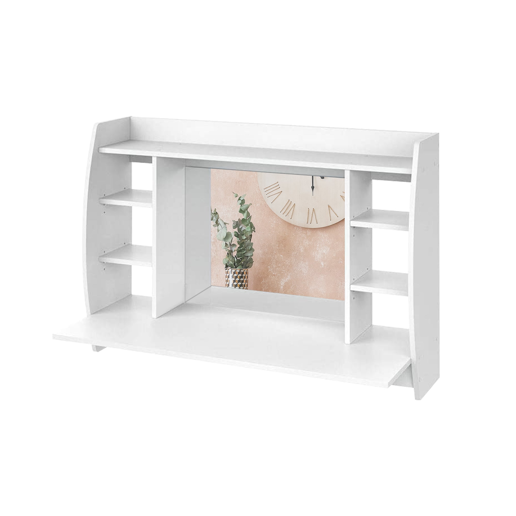 A white desk with shelves and a clock on the wall.
