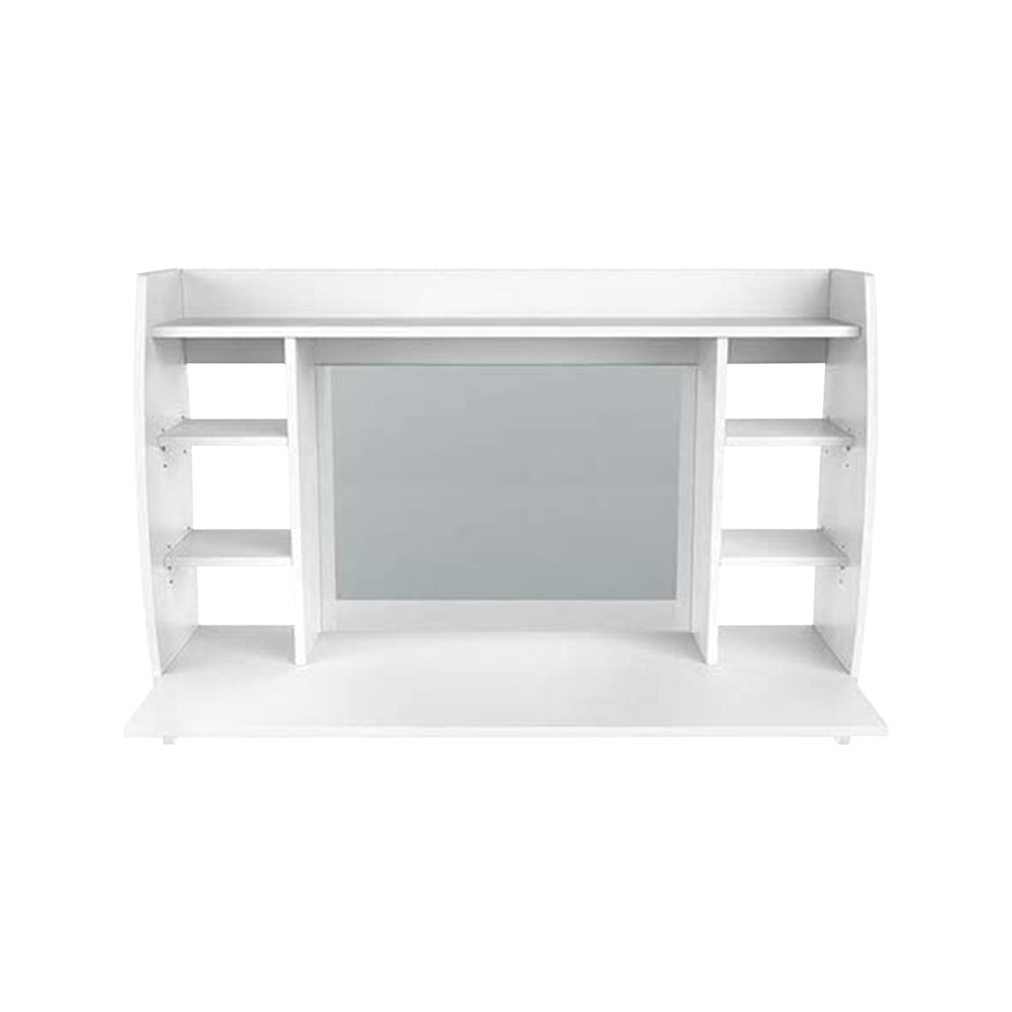 A white vanity table with a large mirror and shelves.
