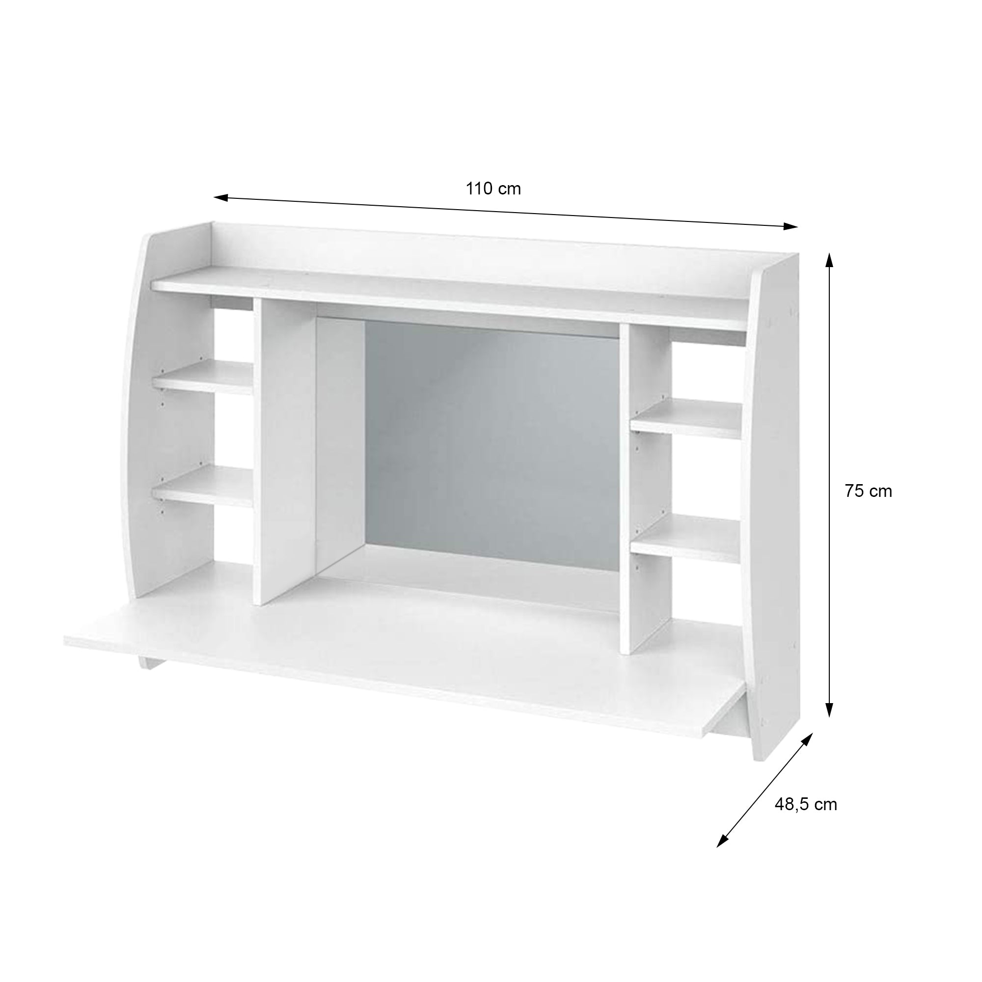 Desk with mirror and shelves, dimensions: 110 cm x 75 cm x 48.5 cm.