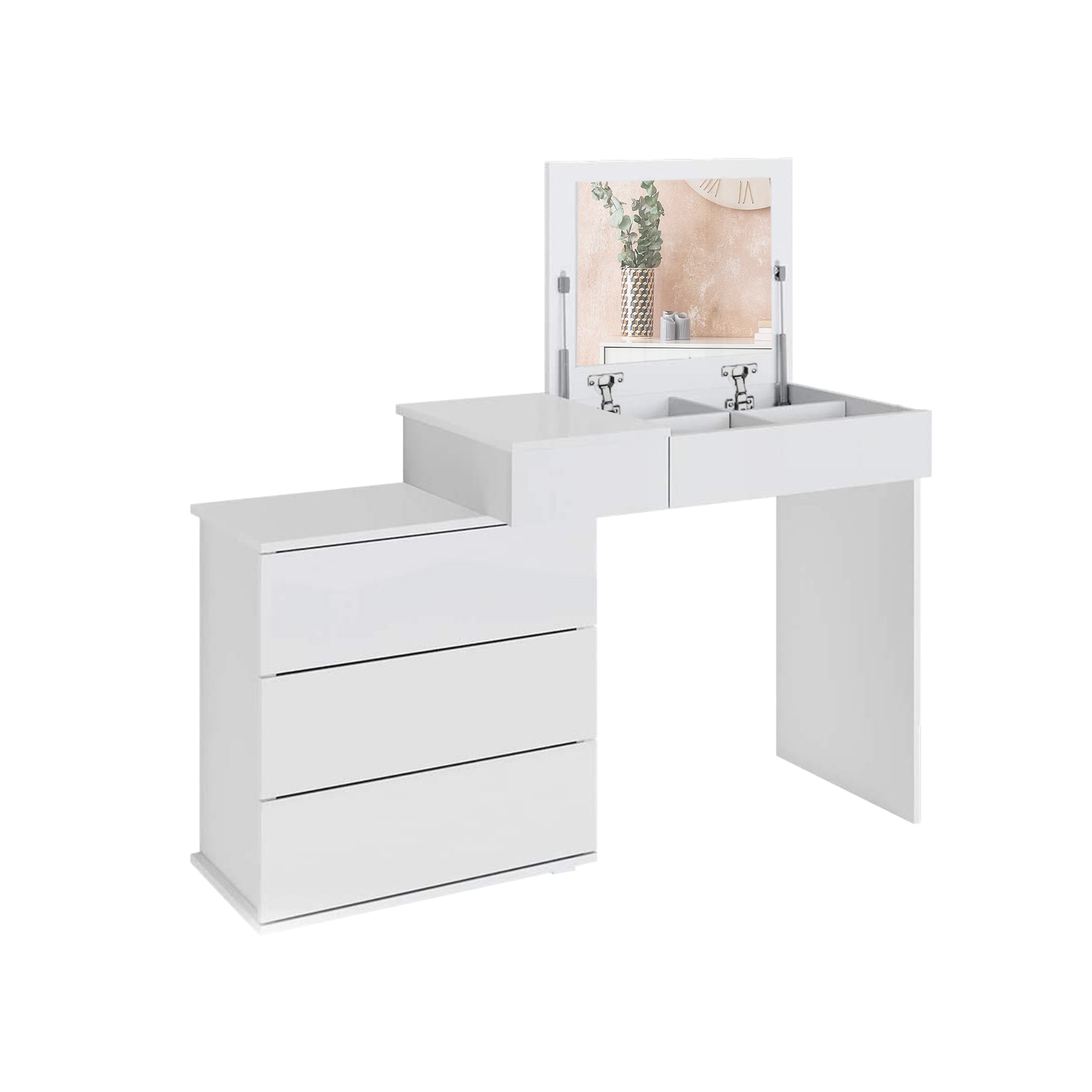 Coiffeuse blanche avec miroir et deux tiroirs.