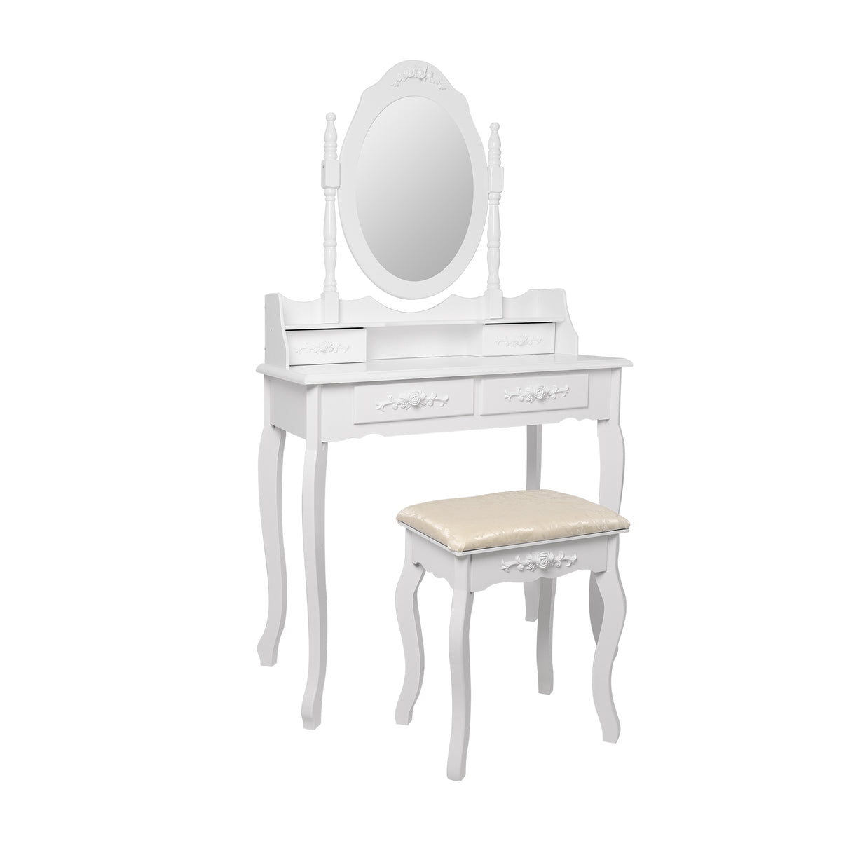 White dressing table with mirror and padded stool.