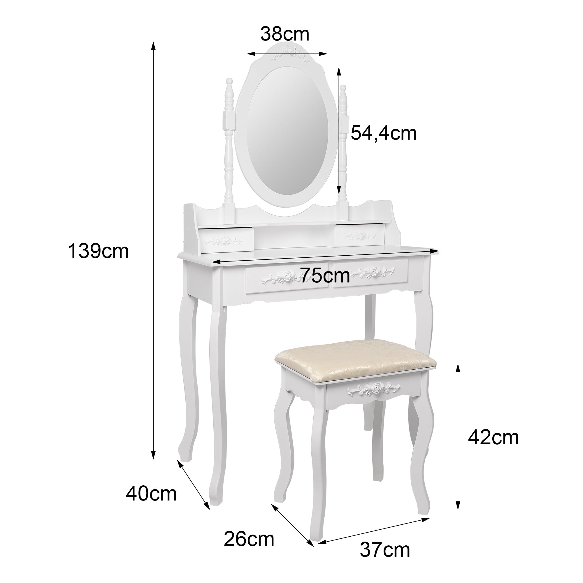 White dressing table with mirror, drawer, and stool, dimensions: 139cm high, 75cm wide.