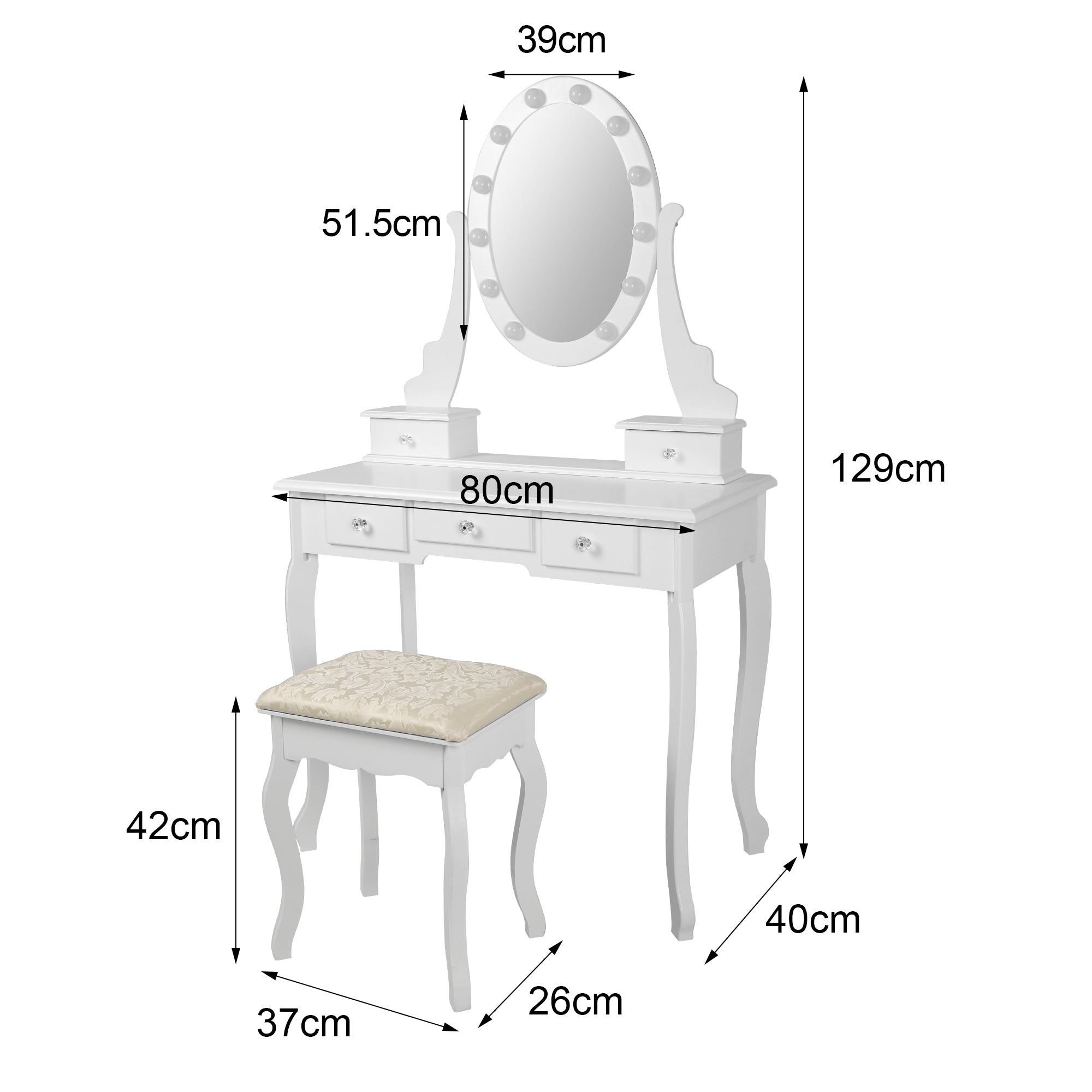 White dressing table with mirror and stool, dimensions.