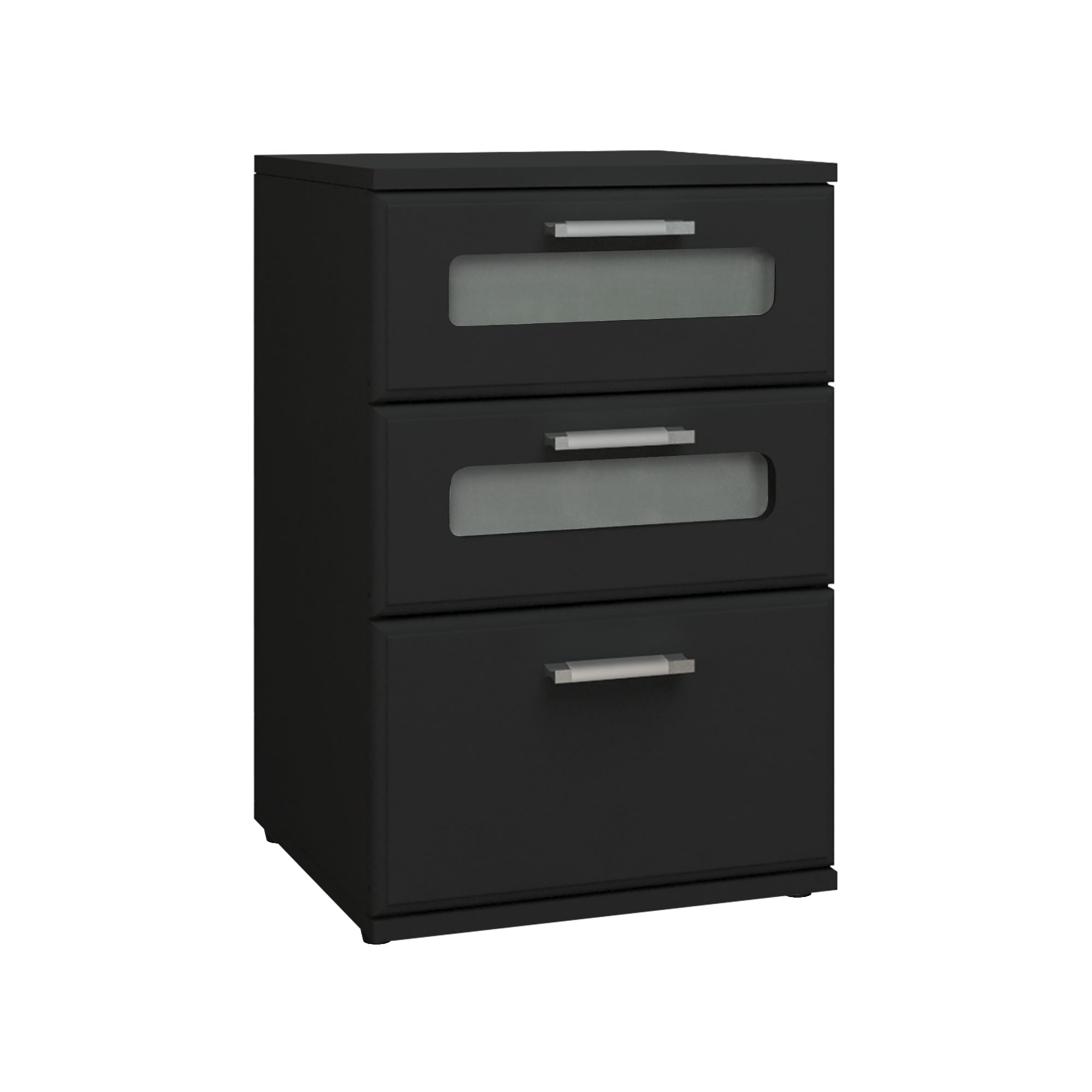 Schwarzer Schrank mit drei Schubladen und einer transparenten Front.