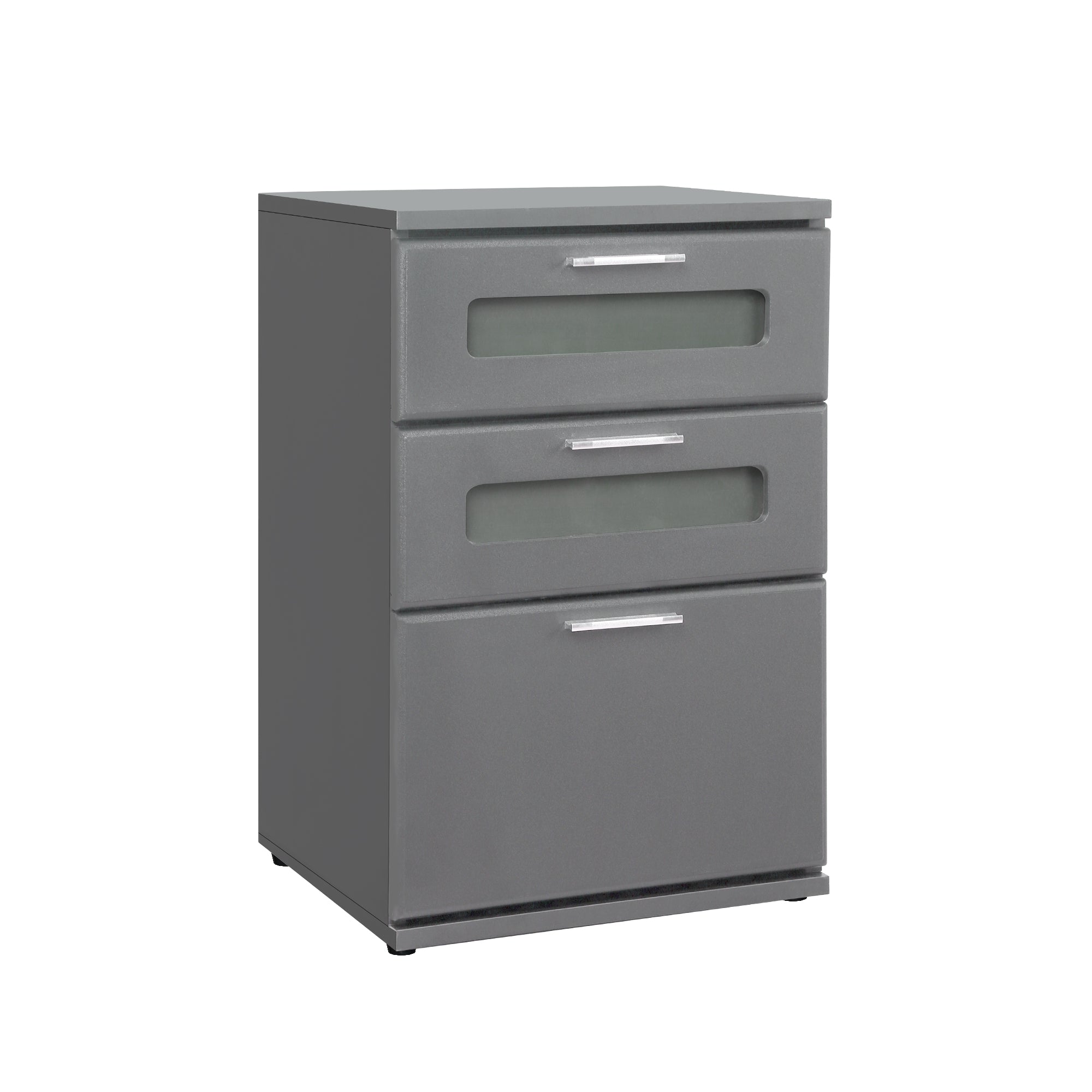 Gray dresser with three drawers and two glass fronts.