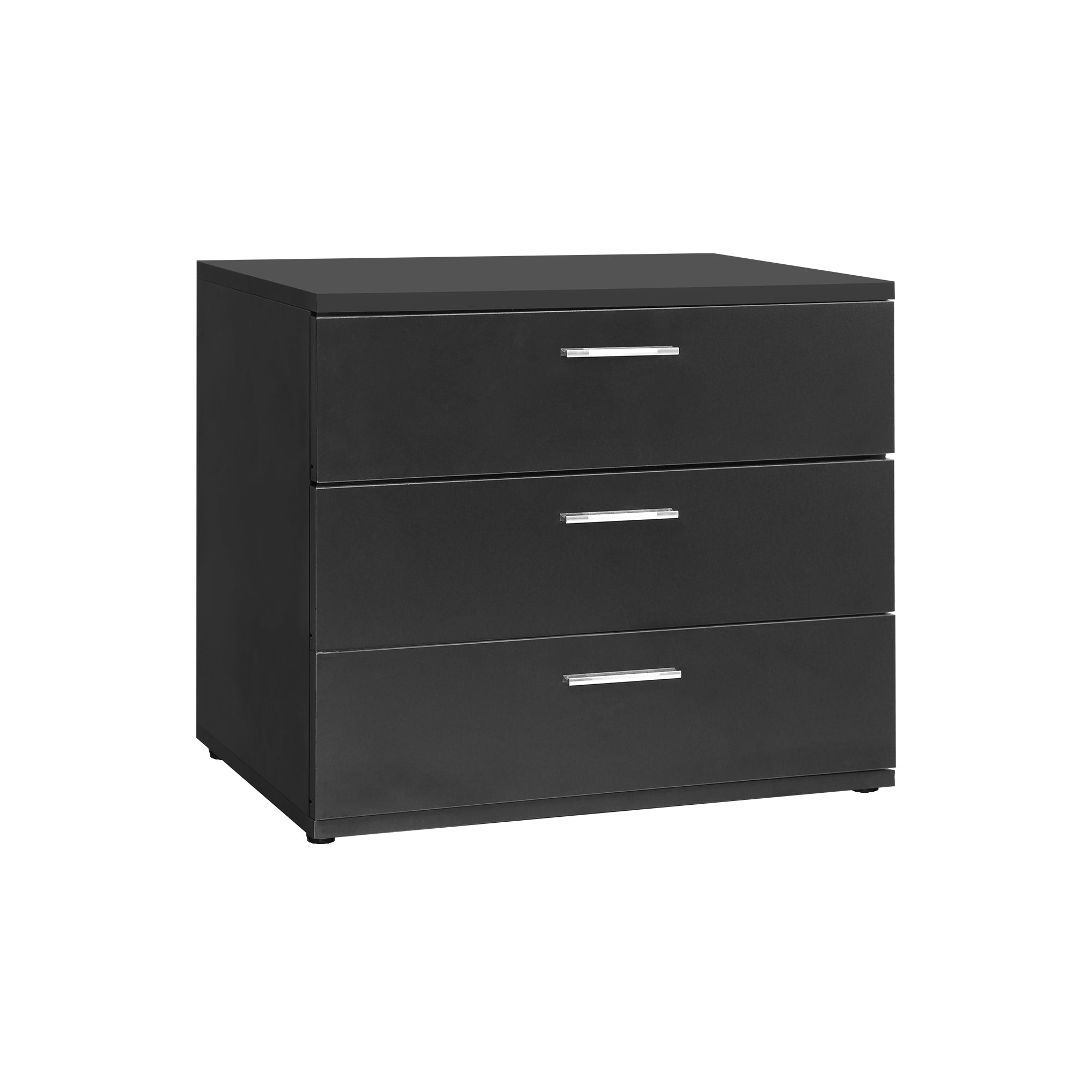 En sort kommode med tre skuffer og moderne håndtag.