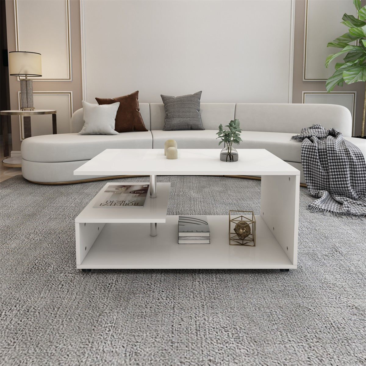 Modern coffee table with an open shelf and plants on the tabletop.