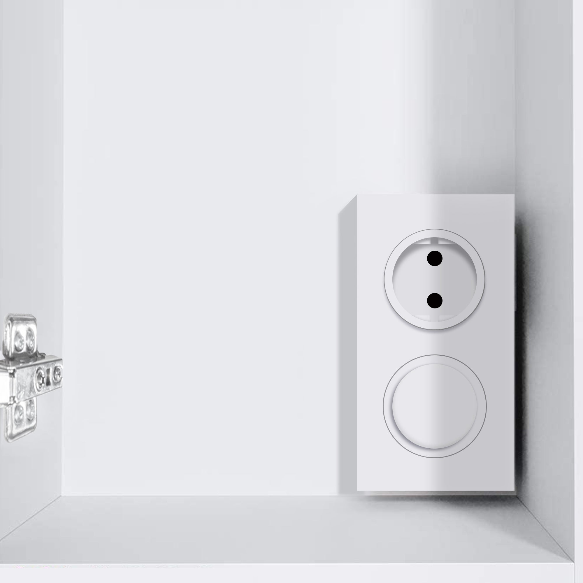 White box with two sockets, inside a cabinet.
