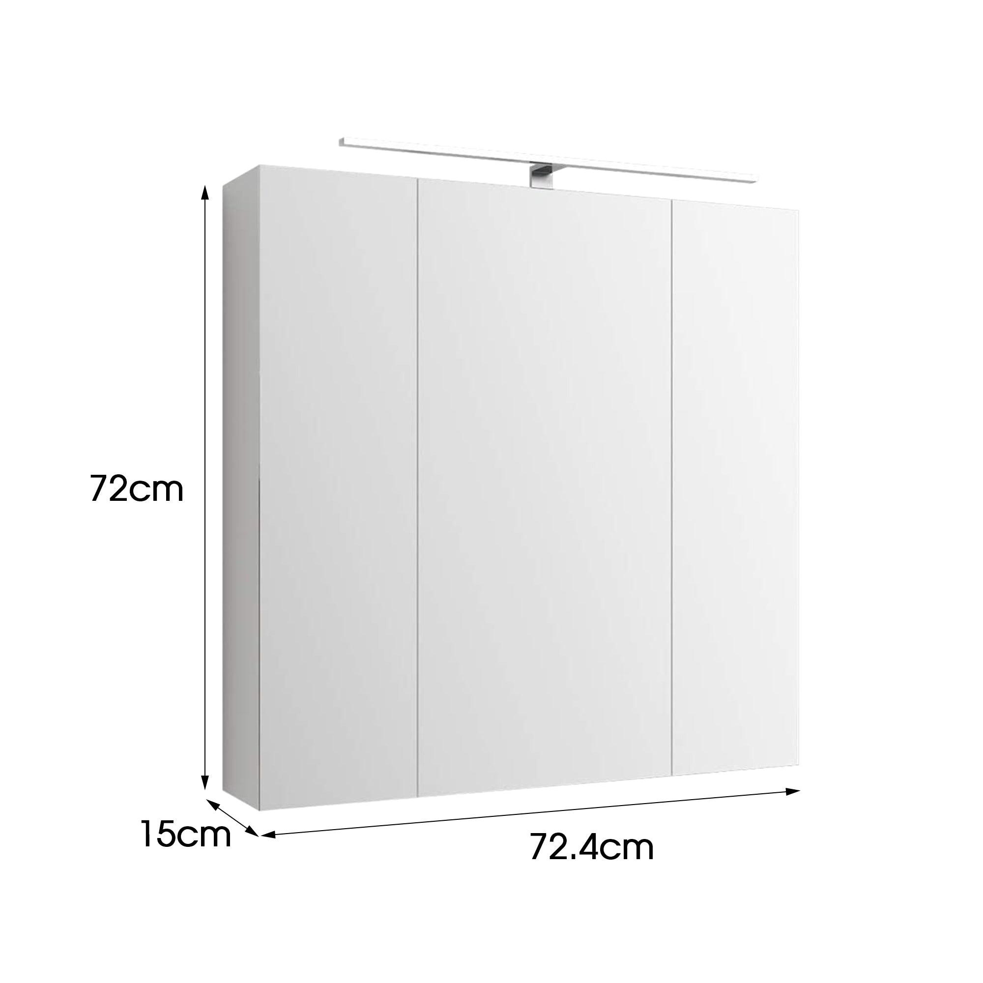 White cabinet with three doors, dimensions: 72cm x 72.4cm x 15cm.