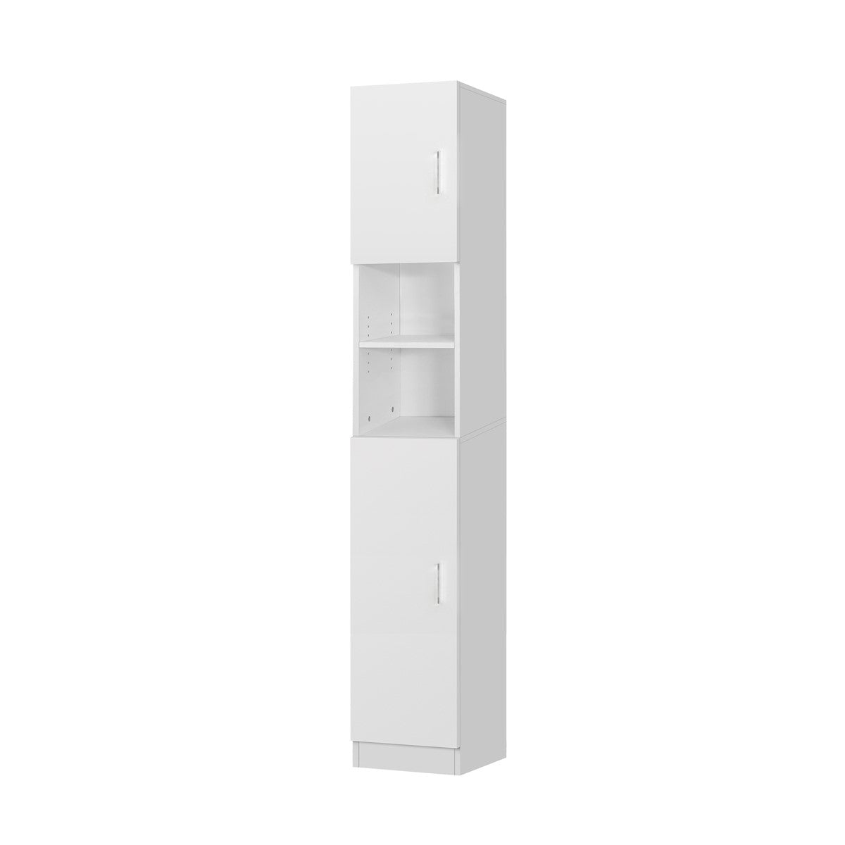 Ein hoher, schmaler Schrank mit Türen und offenen Regalen in Weiß.