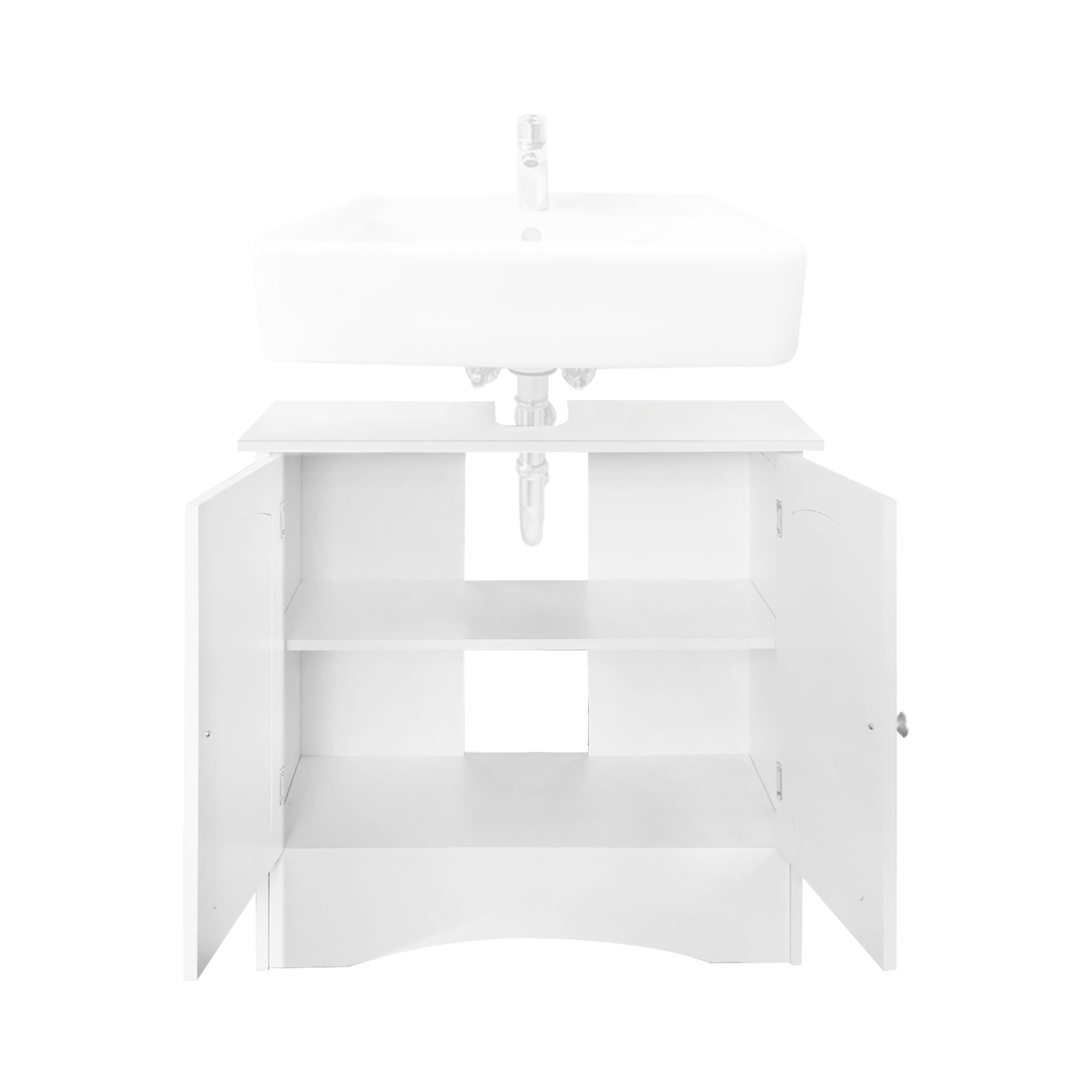 White under-cabinet with sink, two doors, and one open compartment.