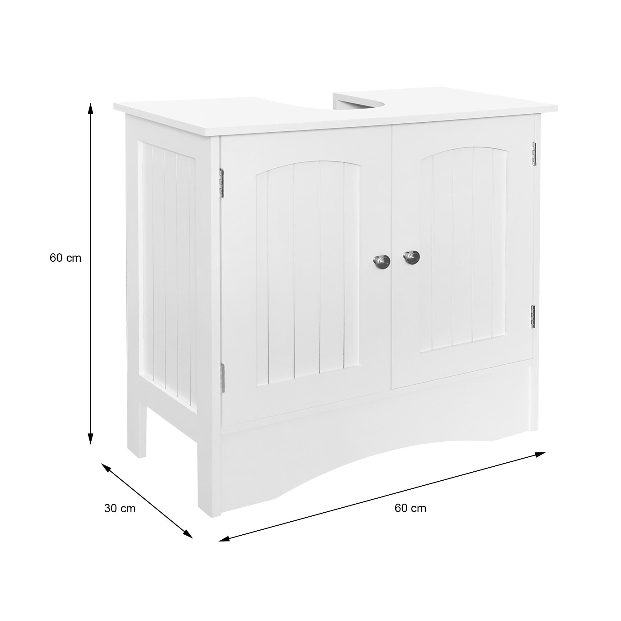 Weißer Schrank mit zwei Türen, Maßangaben auf dem Bild.