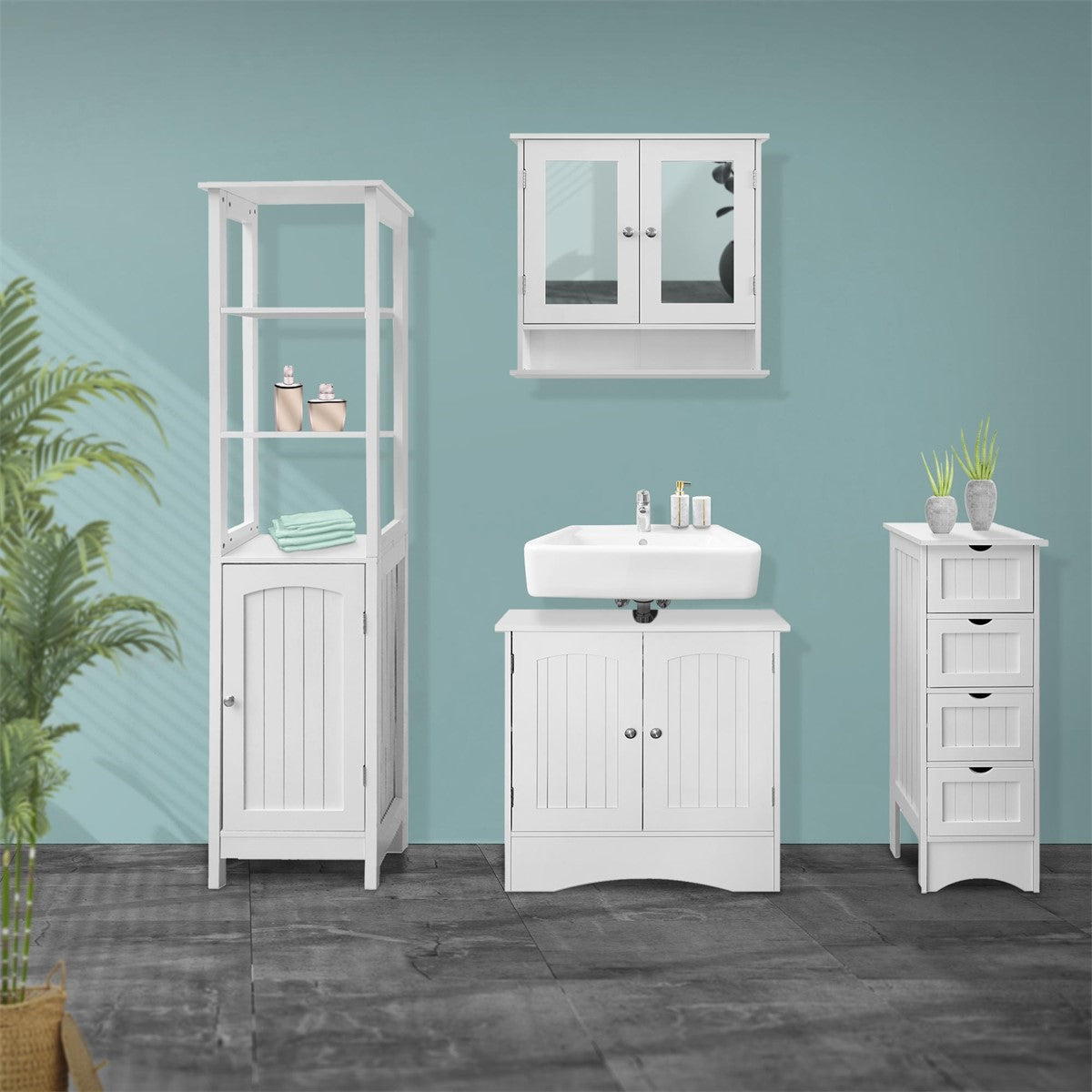 Set di mobili da bagno con lavabo, mobile e mensola, decorato con piante.