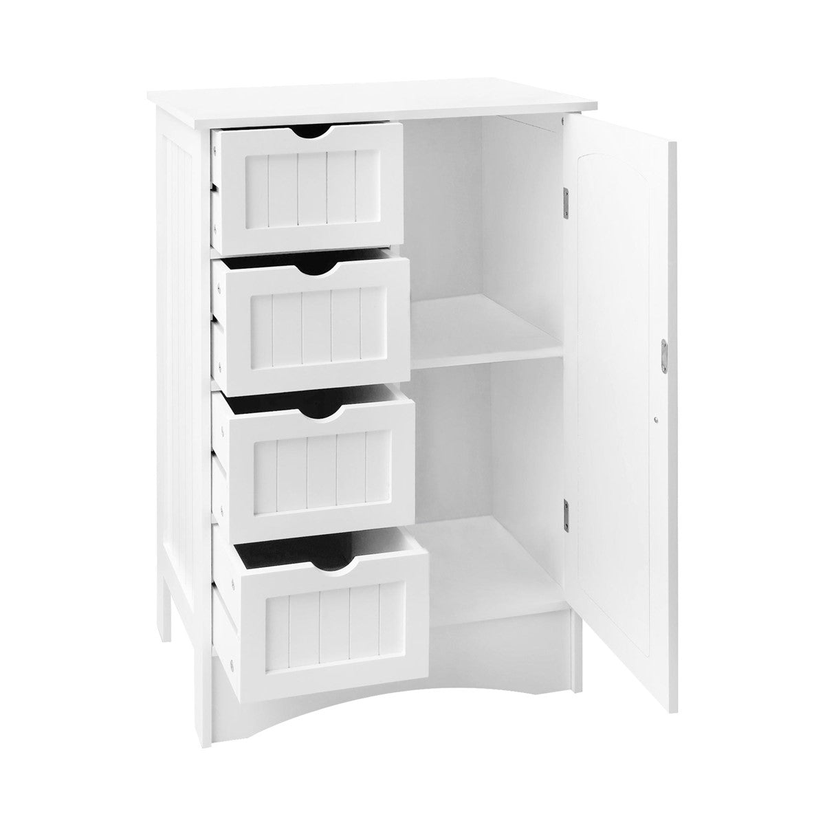 Weißer Schrank mit vier Schubladen und einer Tür, innen leer.