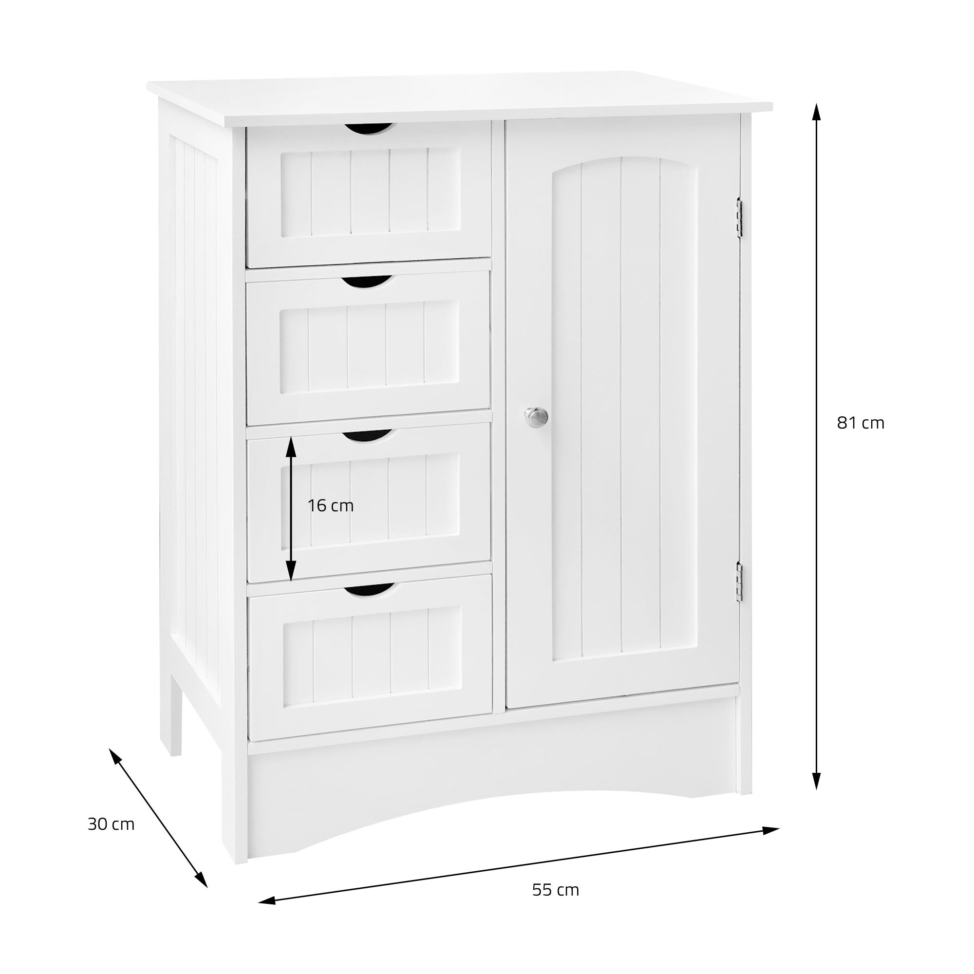 Hvidt skab med fire skuffer og en dør, mål: 81 cm højt, 55 cm bredt, 30 cm dybt.